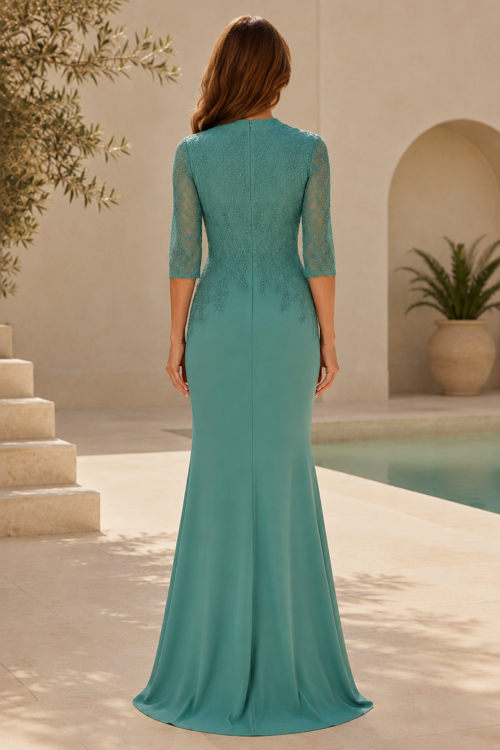 Vestido largo de cuello alto con ilusión de encaje y abertura frontal