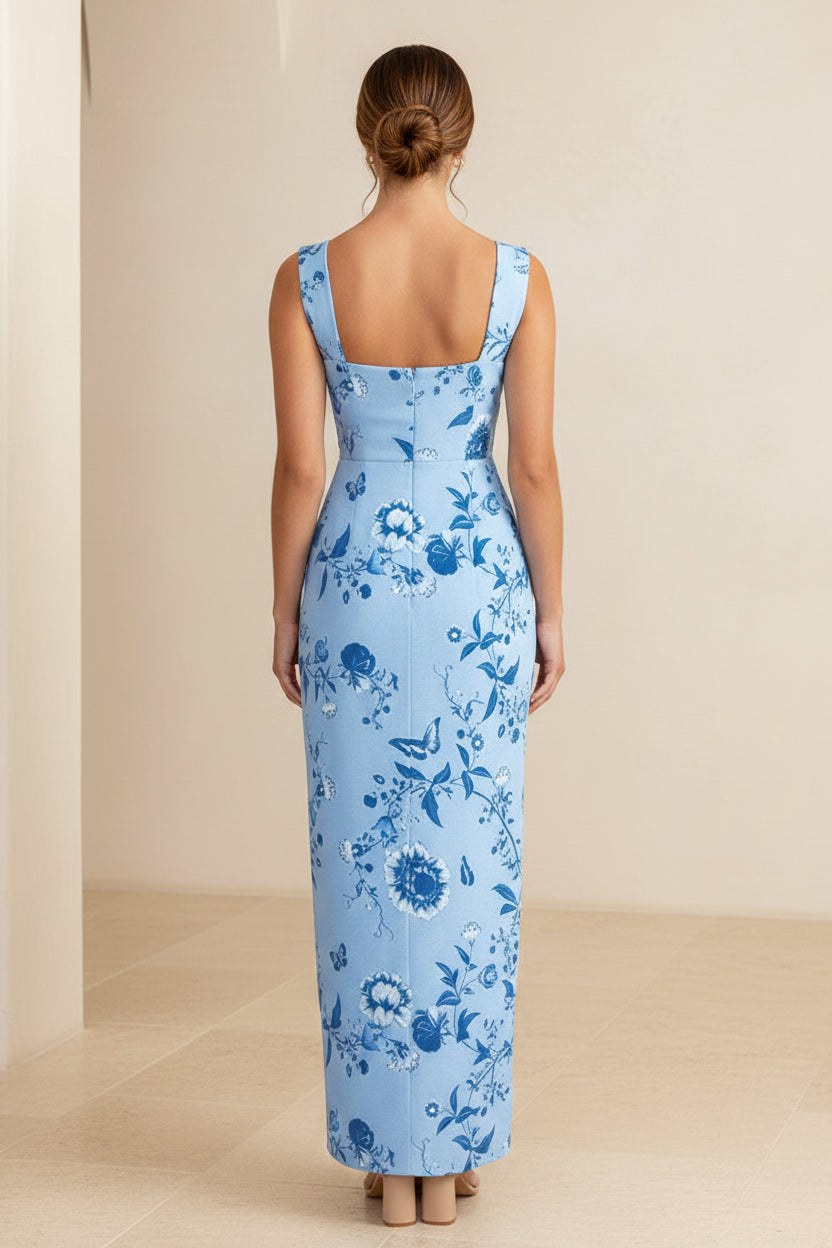 Vestido largo de corte columna con estampado floral y escote cuadrado
