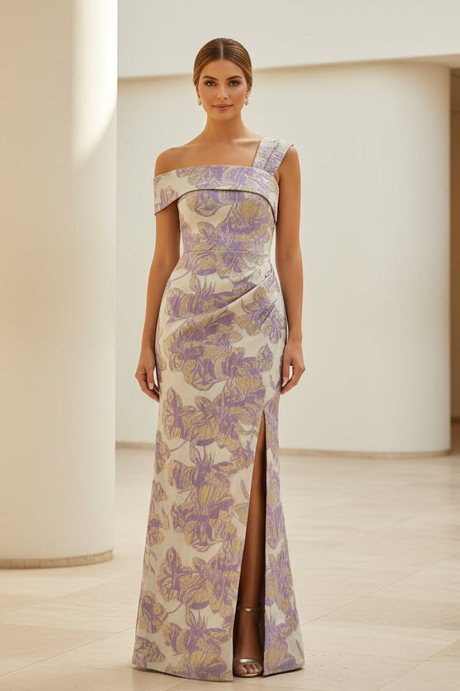 Vestido de noche largo jacquard floral con abertura y un solo hombro