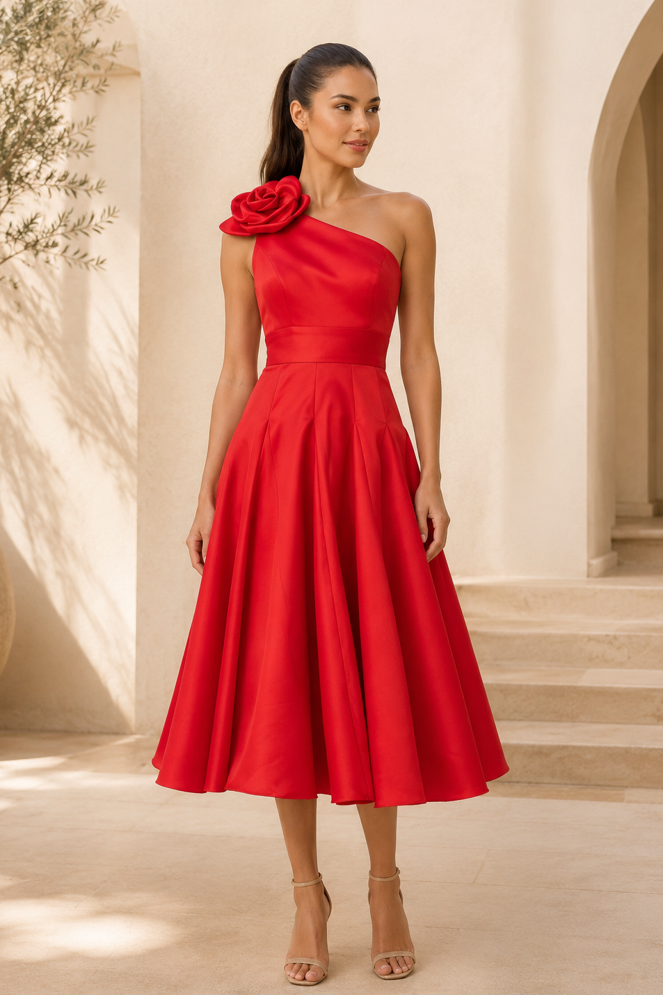 Vestido midi de satén asimétrico con detalle de rosa