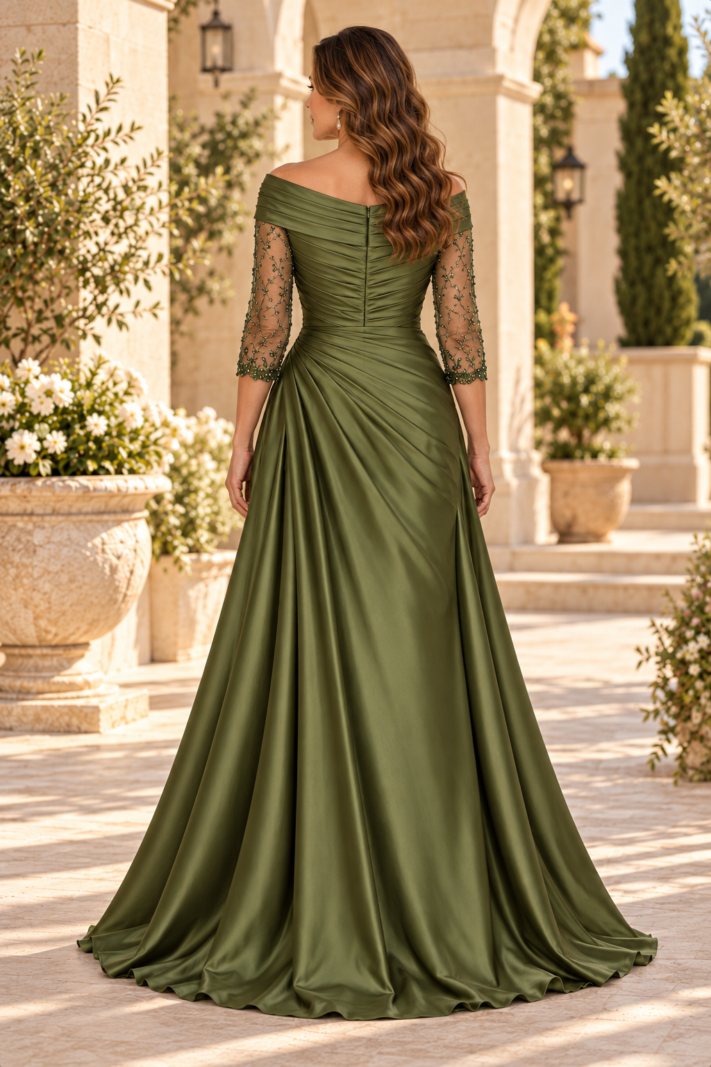 Off-the-Shoulder Ruched Gown with Embellished Slit