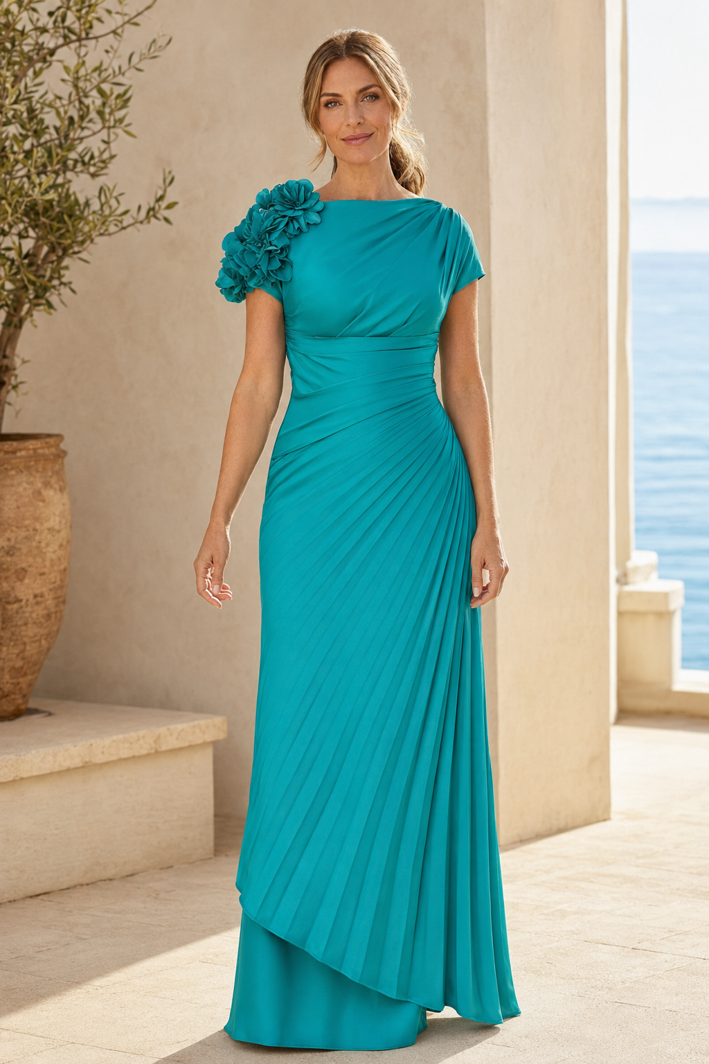 Vestido de columna plisado con hombro floral 3D