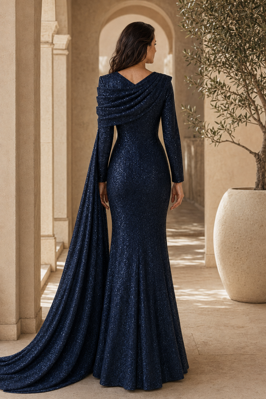 Vestido de Noche con Capa Asimétrica Drapeada y Lentejuelas