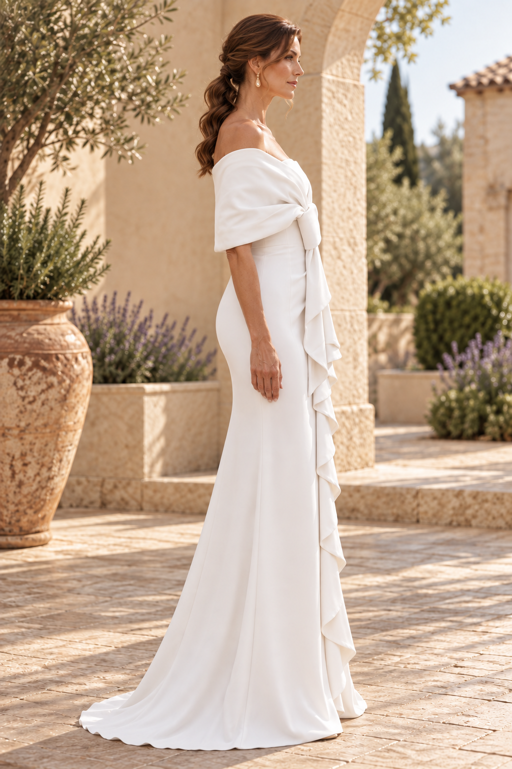 Off-Shoulder Knotted Bodice Ruffled Gown