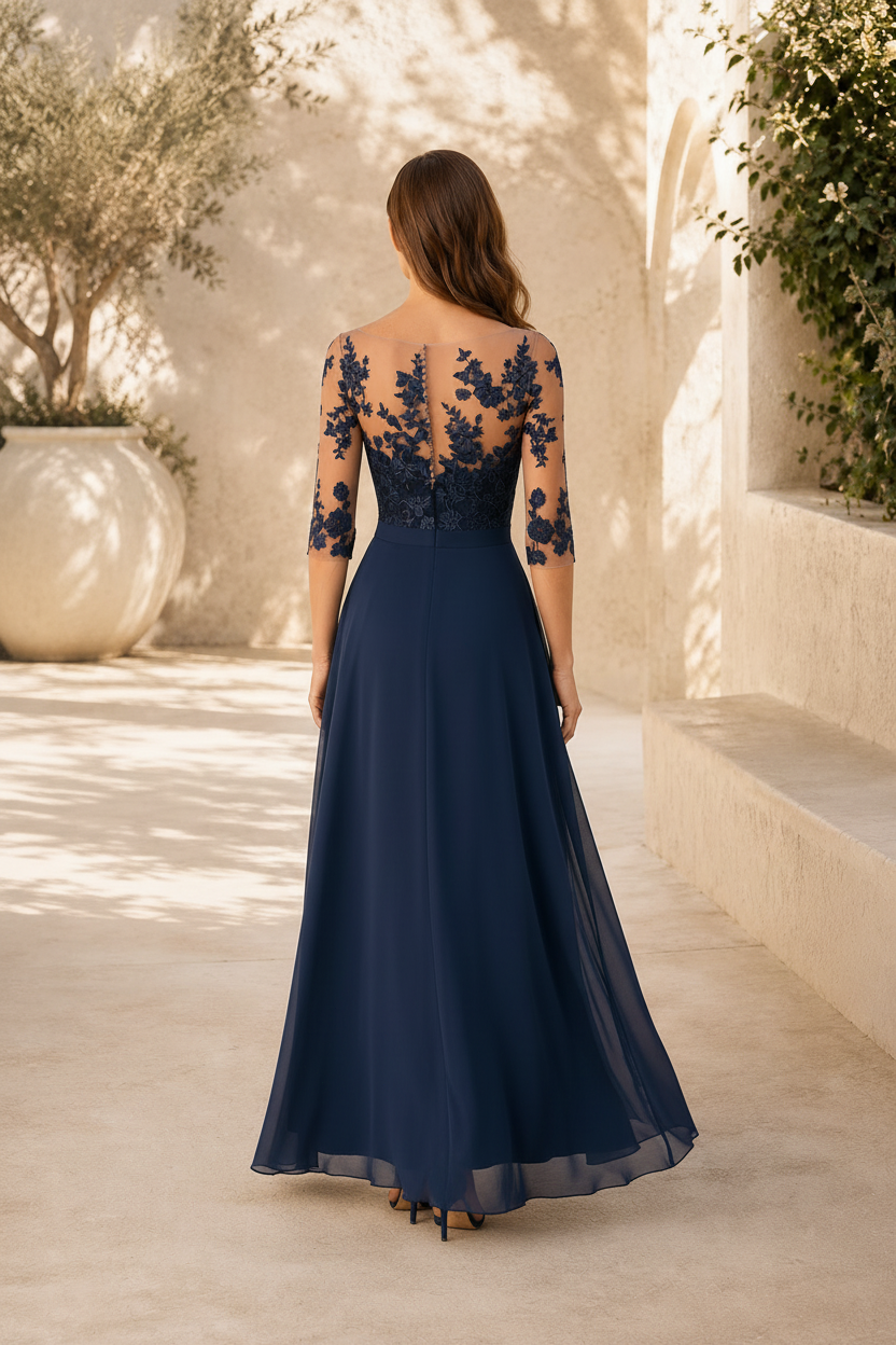 Vestido de Noche con Aplicación de Encaje Ilusión y Falda con Volantes de Corte Asimétrico