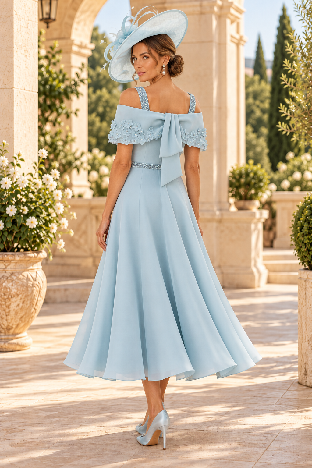 Cold-Shoulder Tea-Length Dress with Bow
