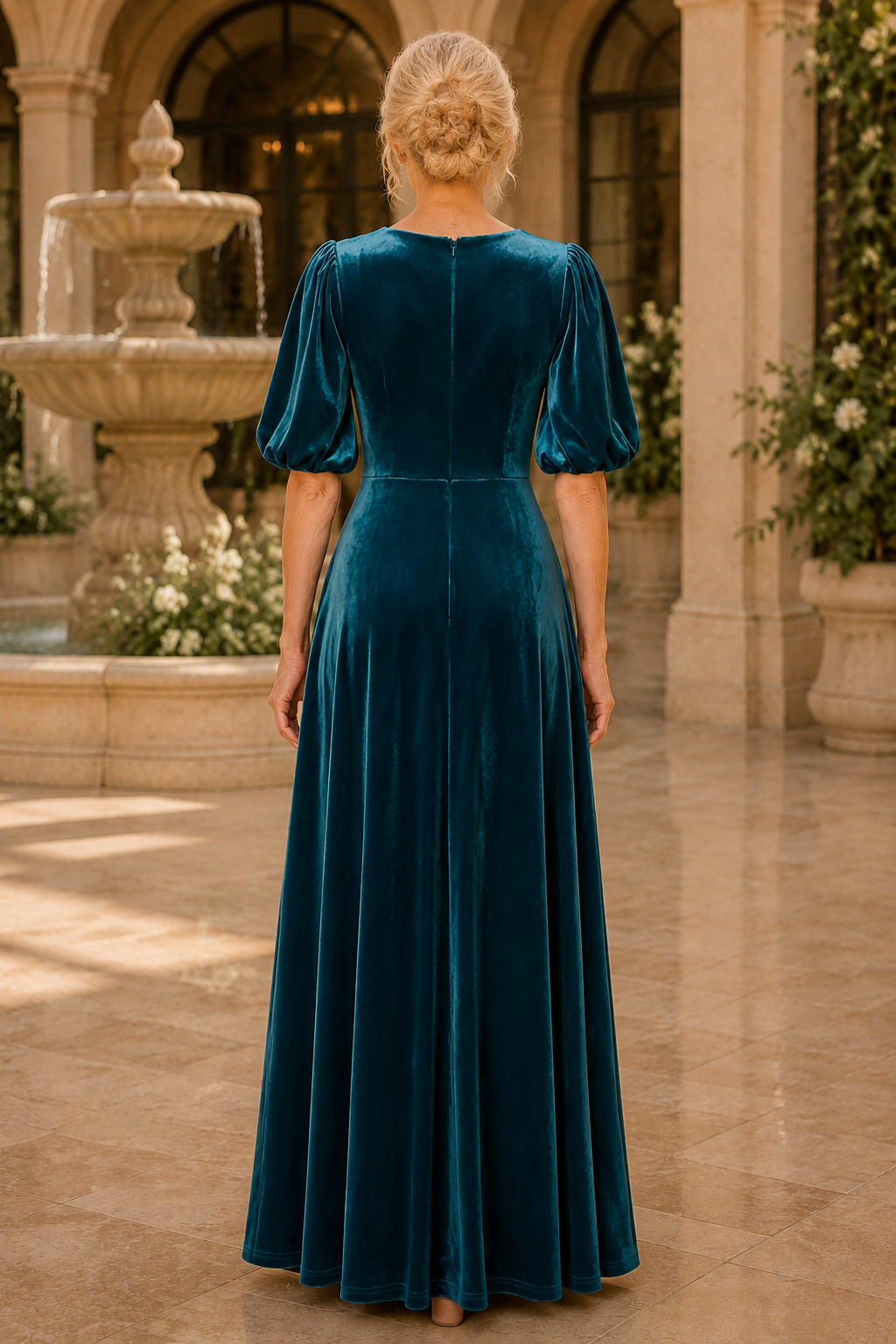 Vestido maxi de terciopelo línea A con mangas abullonadas