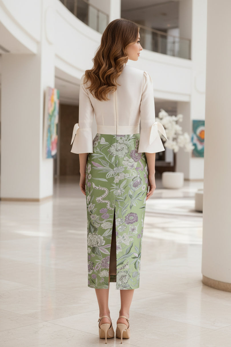 Conjunto de falda lápiz en jacquard floral y blusa con lazo