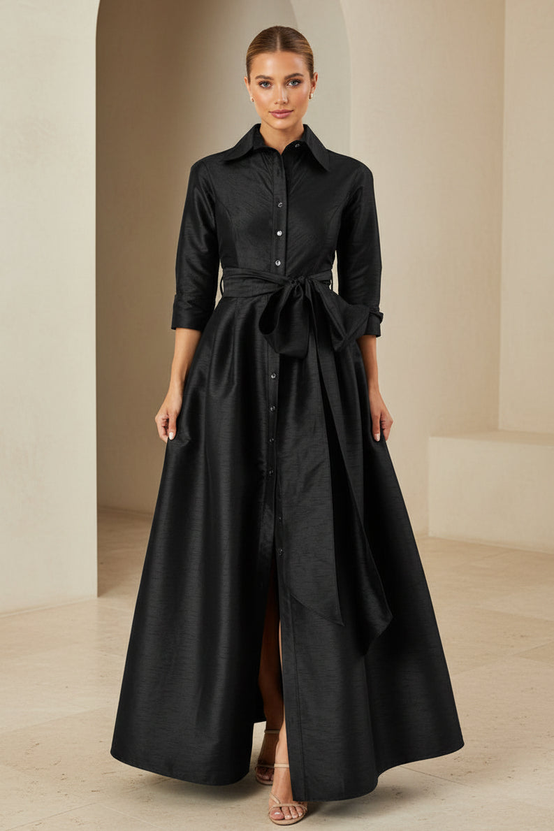 Vestido camisero maxi de tafetán con corte en A y fajín