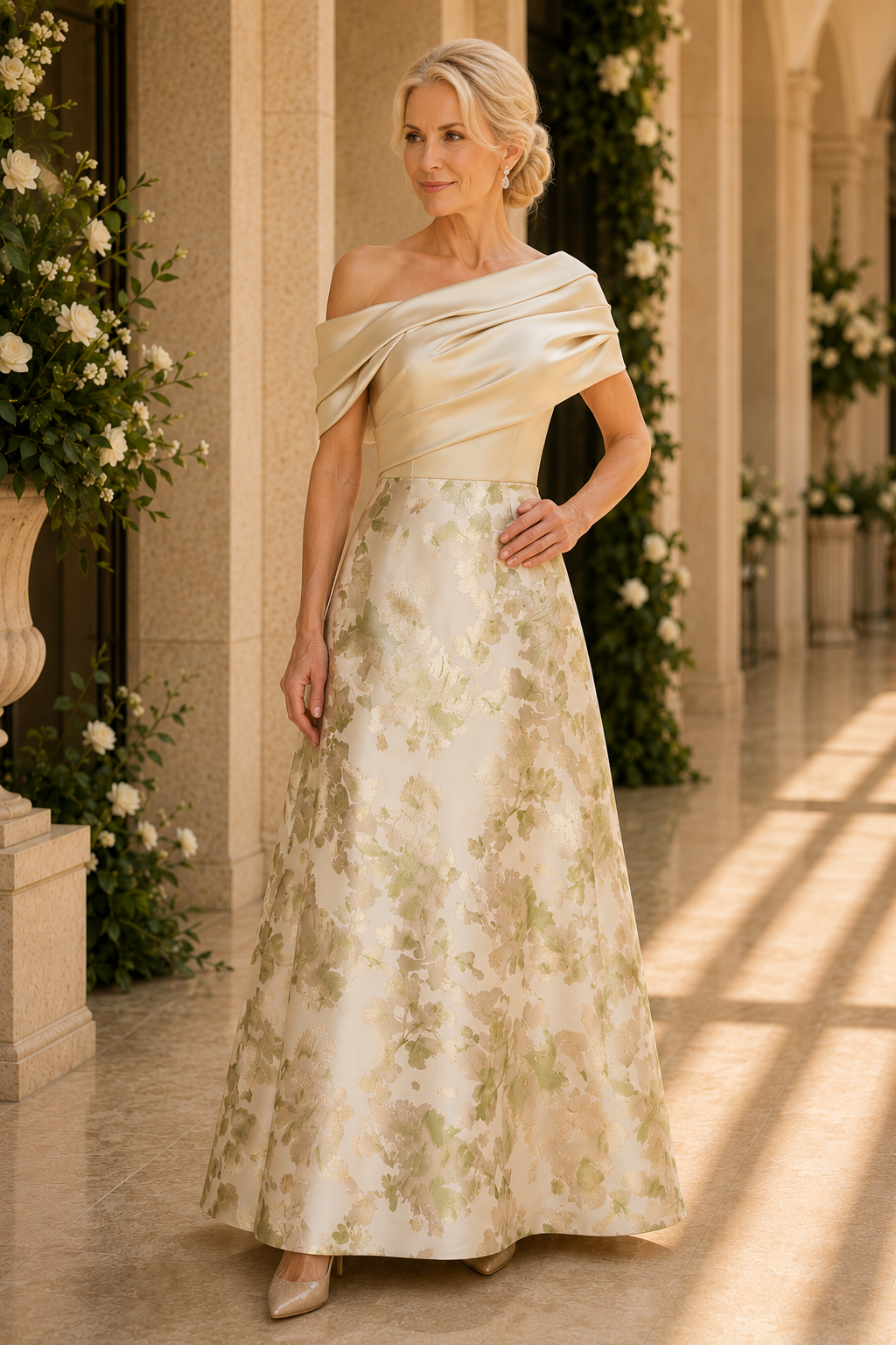 Vestido Acampanado Asimétrico de Jacquard con Pliegues