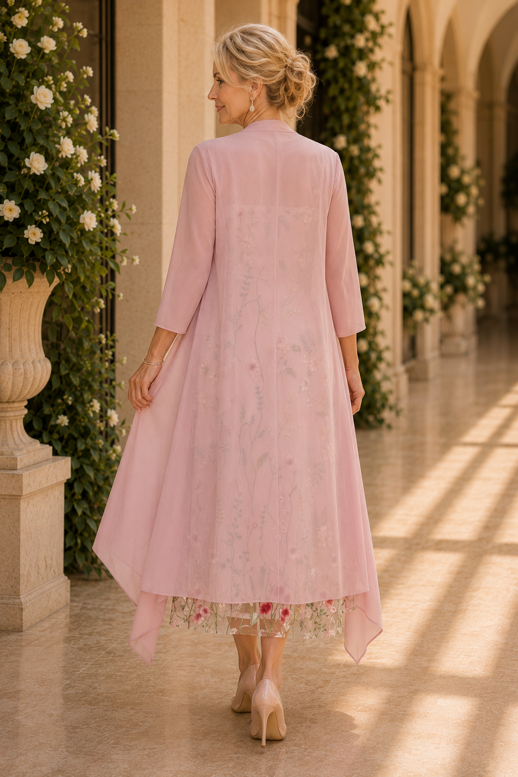 Vestido midi bordado floral con chaqueta guardapolvo