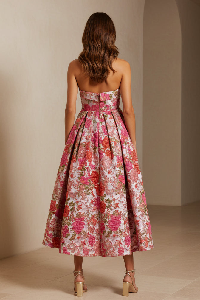 Vestido midi de jacquard floral sin tirantes con bolsillos