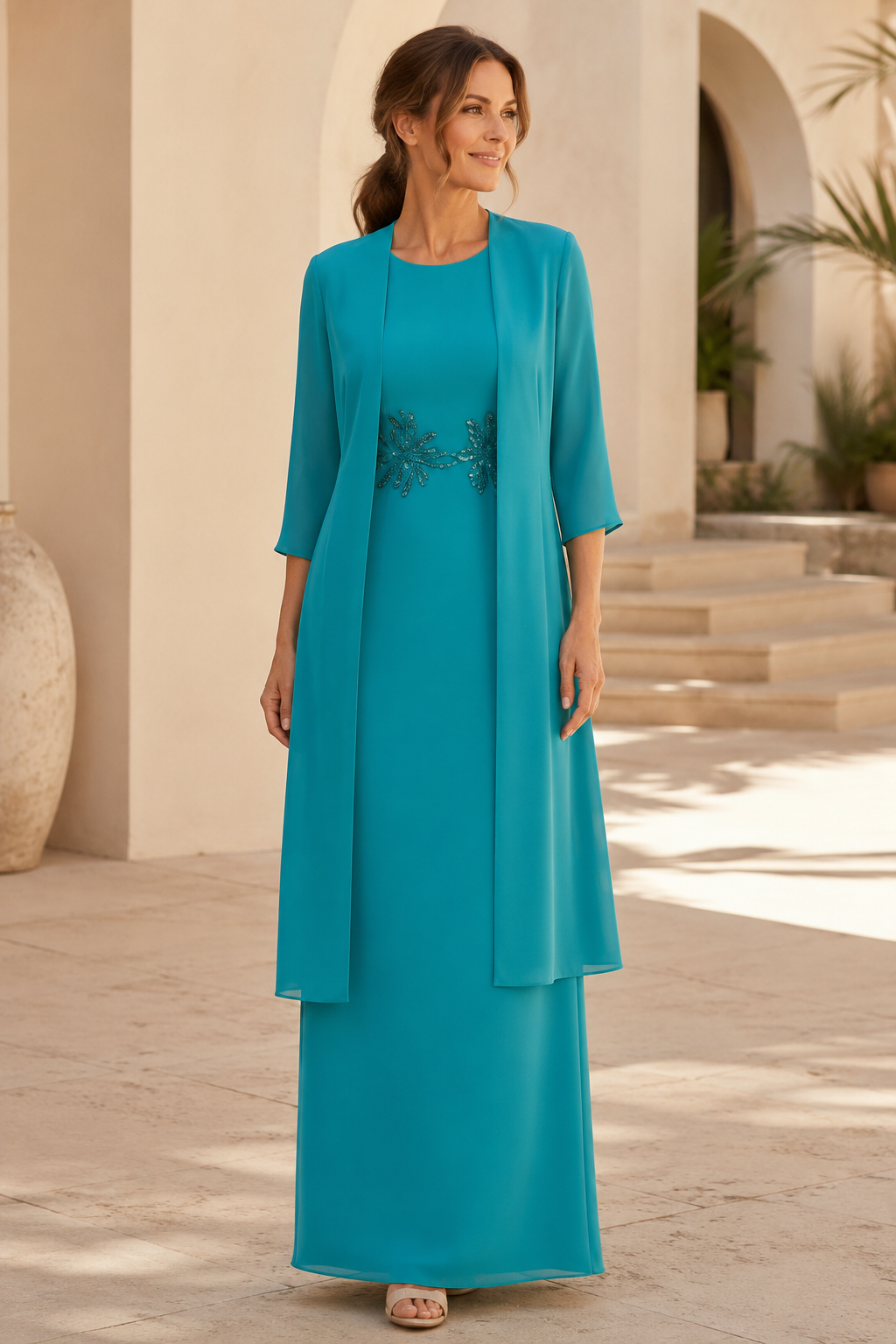 Vestido de noche estilo columna de gasa con chaqueta a juego