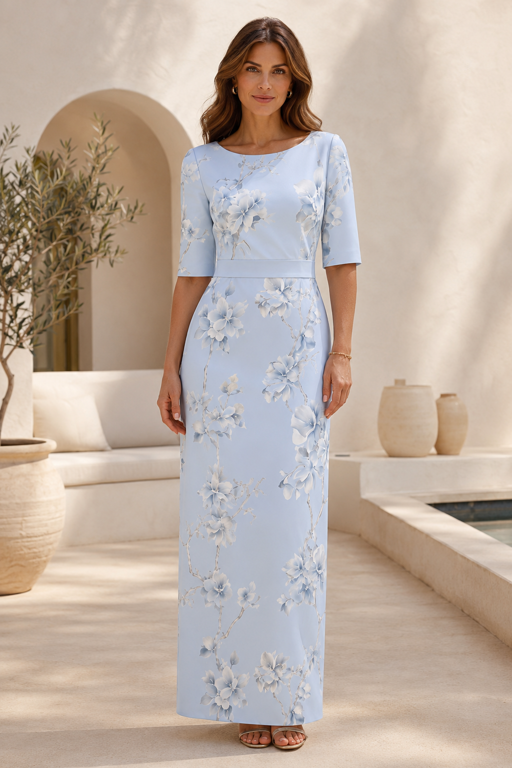Vestido tubo de manga tres cuartos con estampado floral