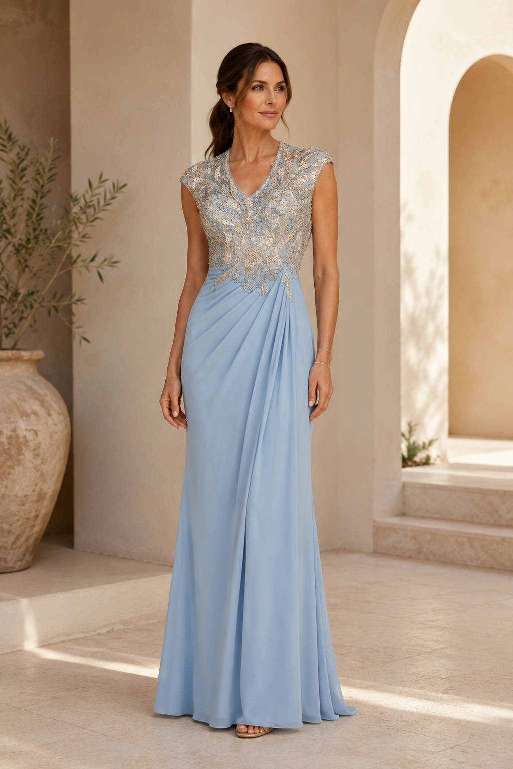 Vestido de noche de corte sirena con encaje ilusión y corpiño de cuentas
