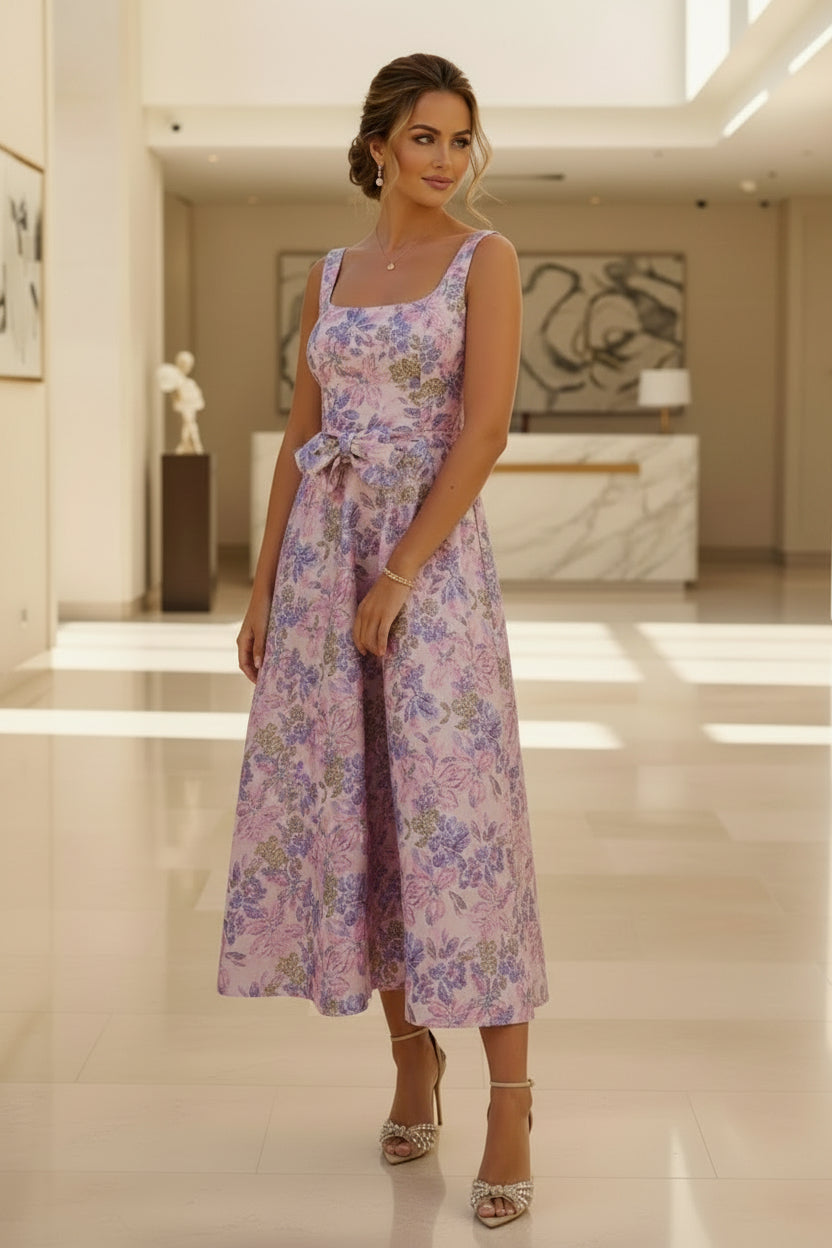 Vestido midi de jacquard floral con detalle de lazo