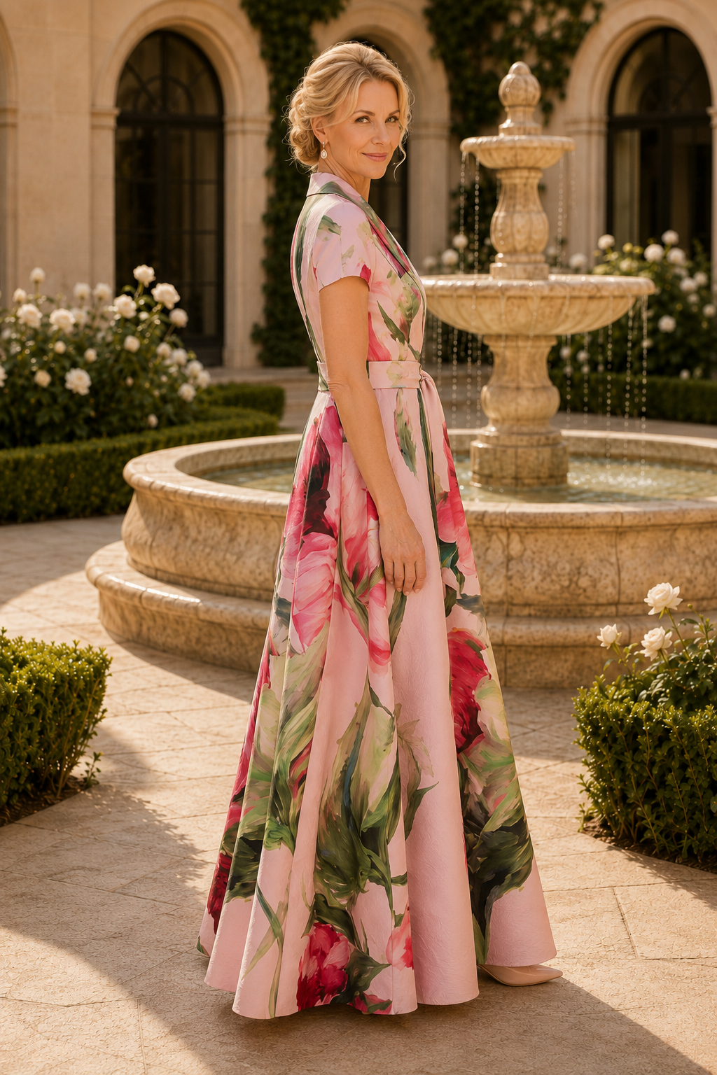 Vestido largo acampanado con cuello y estampado floral