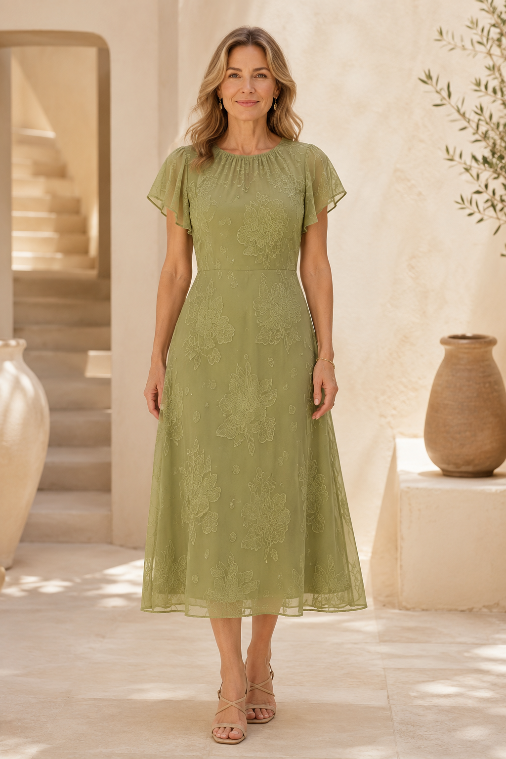 Vestido Midi Acampanado con Bordados y Mangas Mariposa