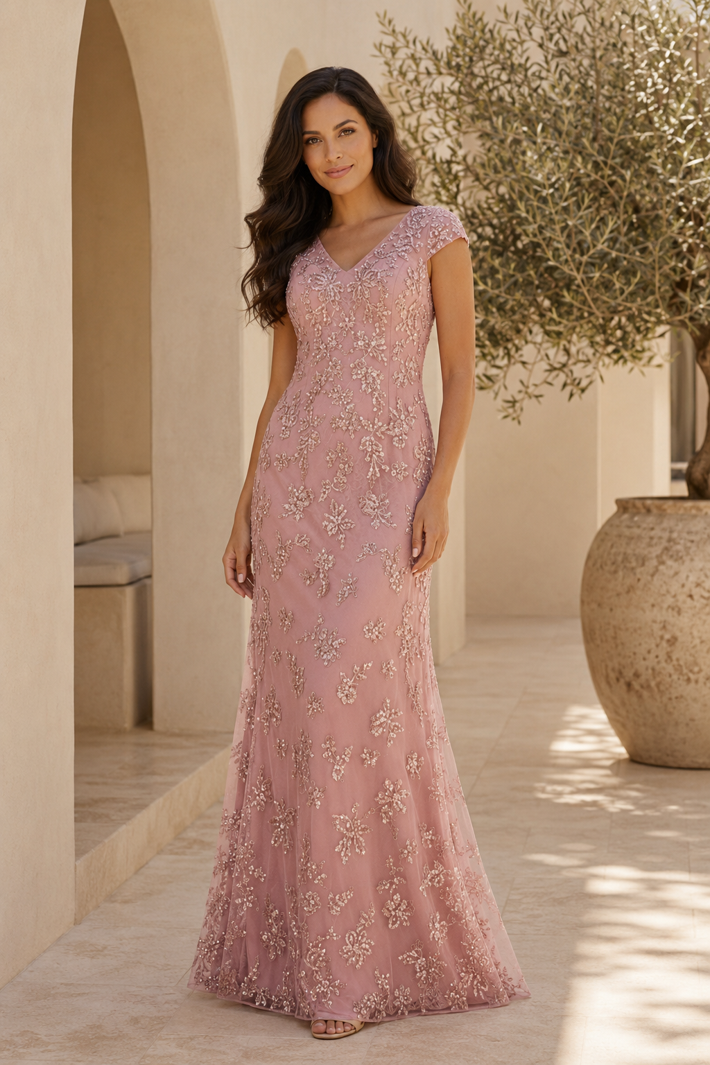 Vestido de noche con cuello en V, bordado y mangas casquillo