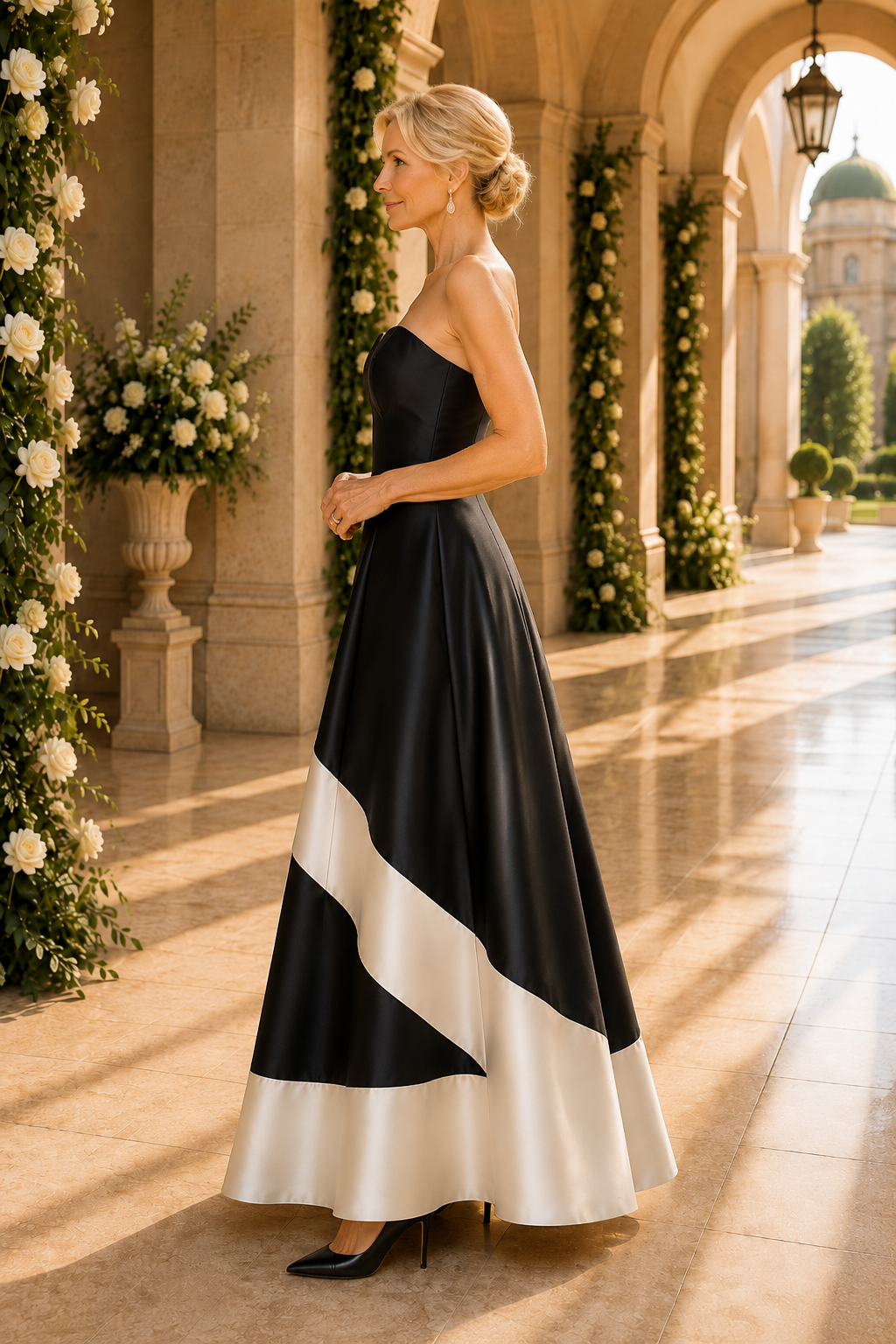 Vestido de novia sin tirantes con corte en A y banda diagonal de contraste