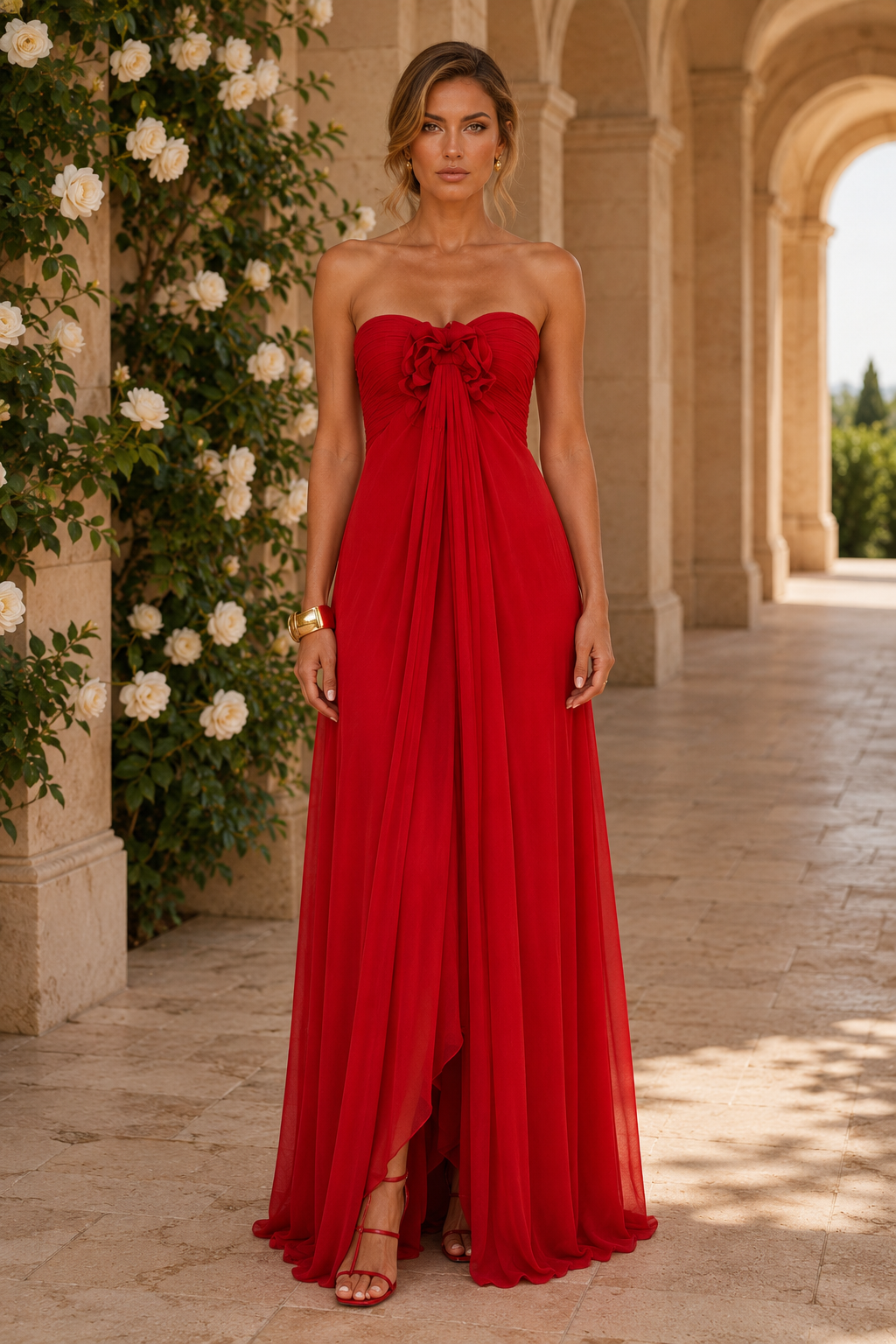 Vestido de gasa con escote palabra de honor, drapeado y corpiño floral en 3D