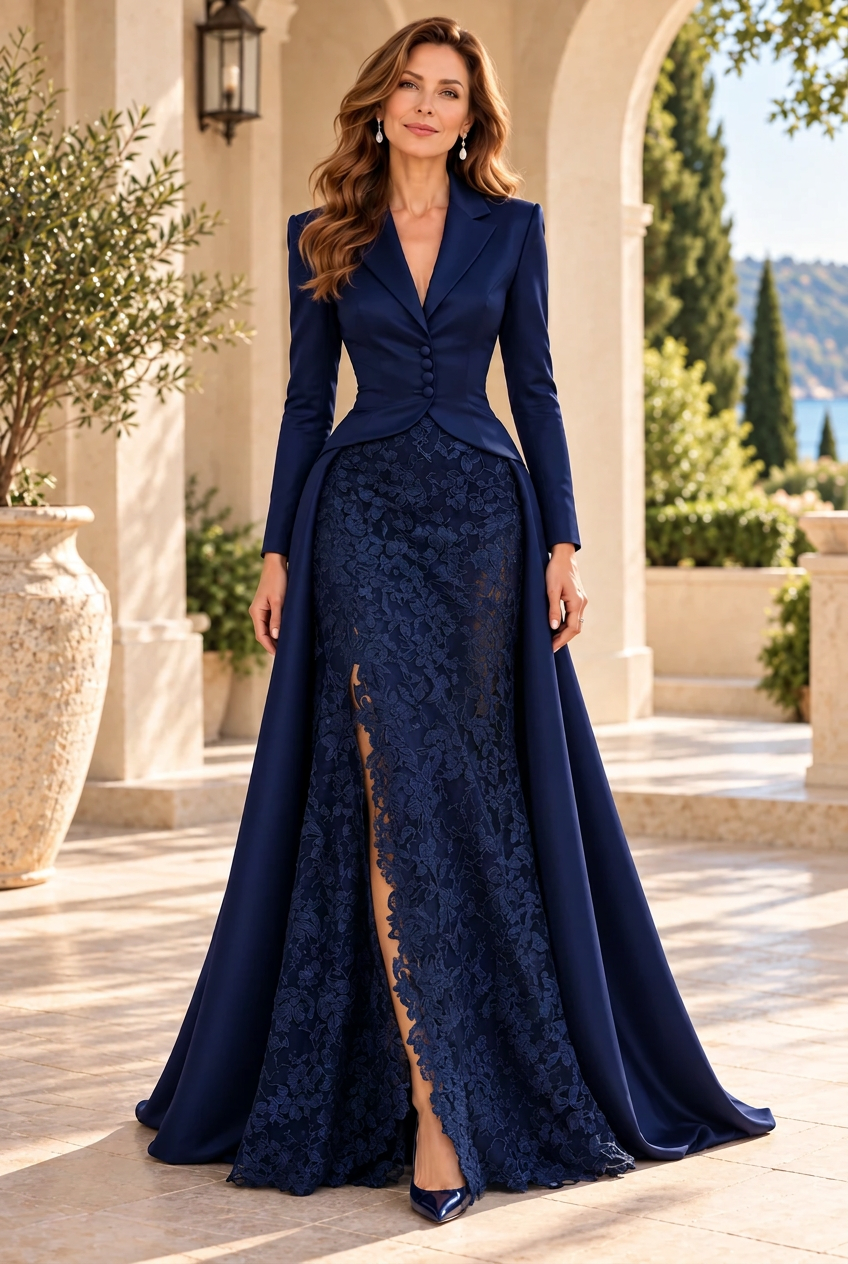 Jacket Bodice Gown with Lace Slit Skirt