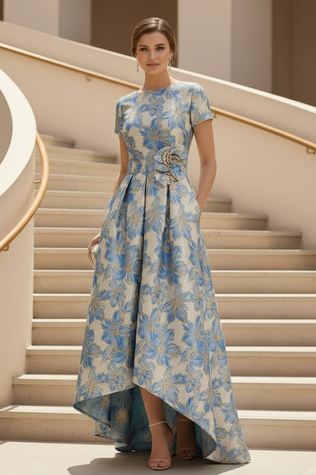 Vestido de gala estilo A-line con jacquard floral y dobladillo asimétrico