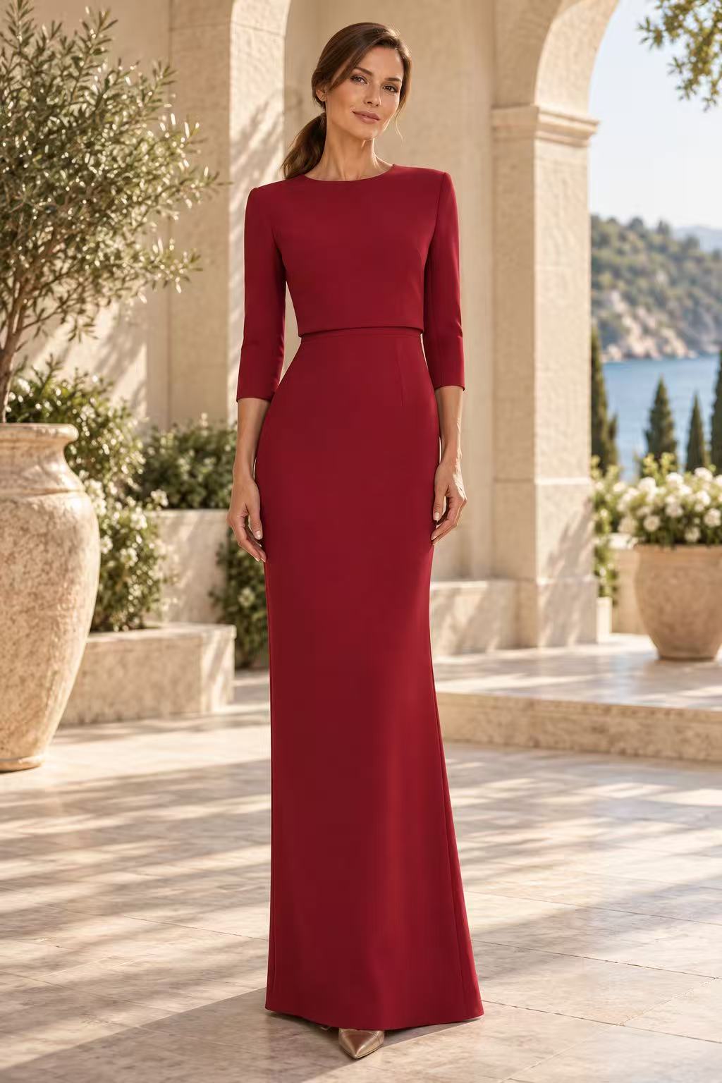 Bateau Neck 3/4 Sleeve Column Gown