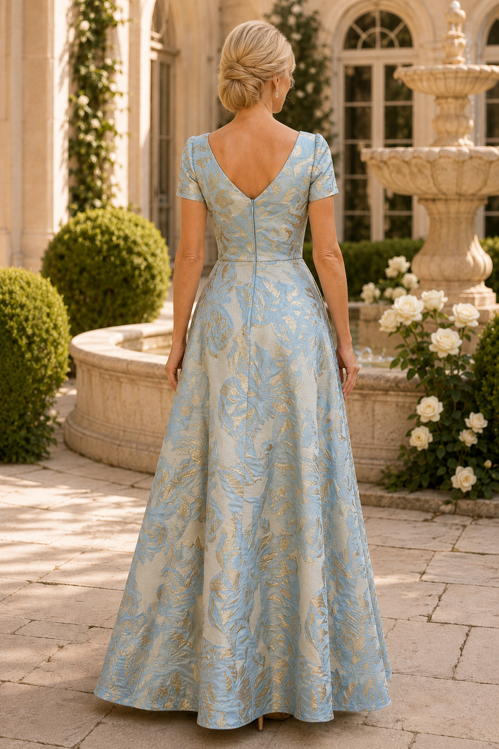 Vestido de jacquard con volantes en cascada, manga corta y corte en A