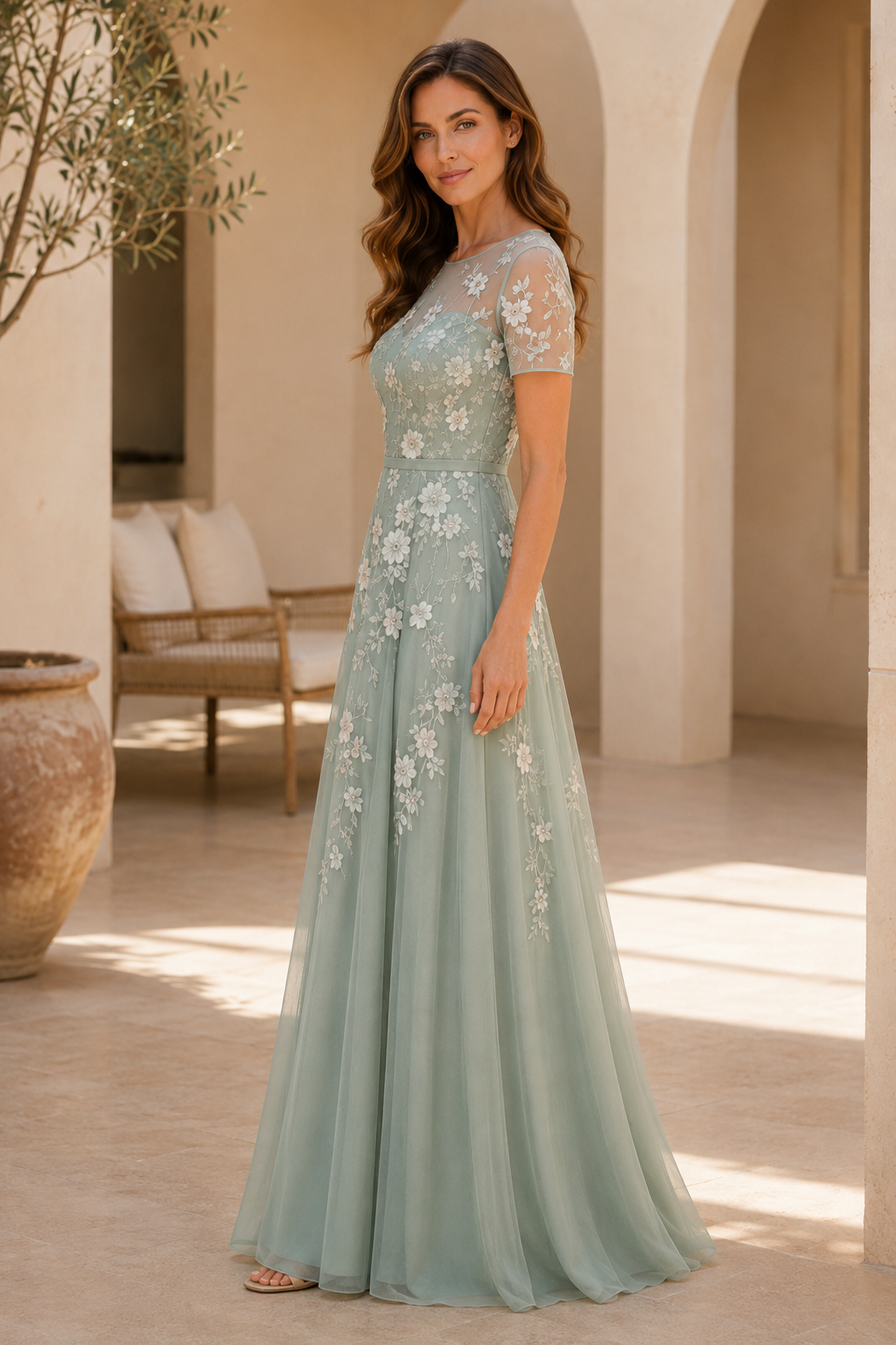 Vestido largo acampanado con bordado floral y efecto ilusión