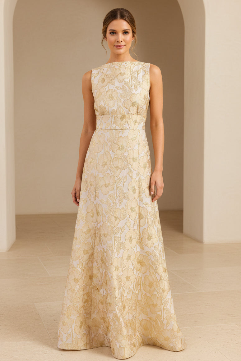 Vestido acampanado sin mangas de jacquard floral