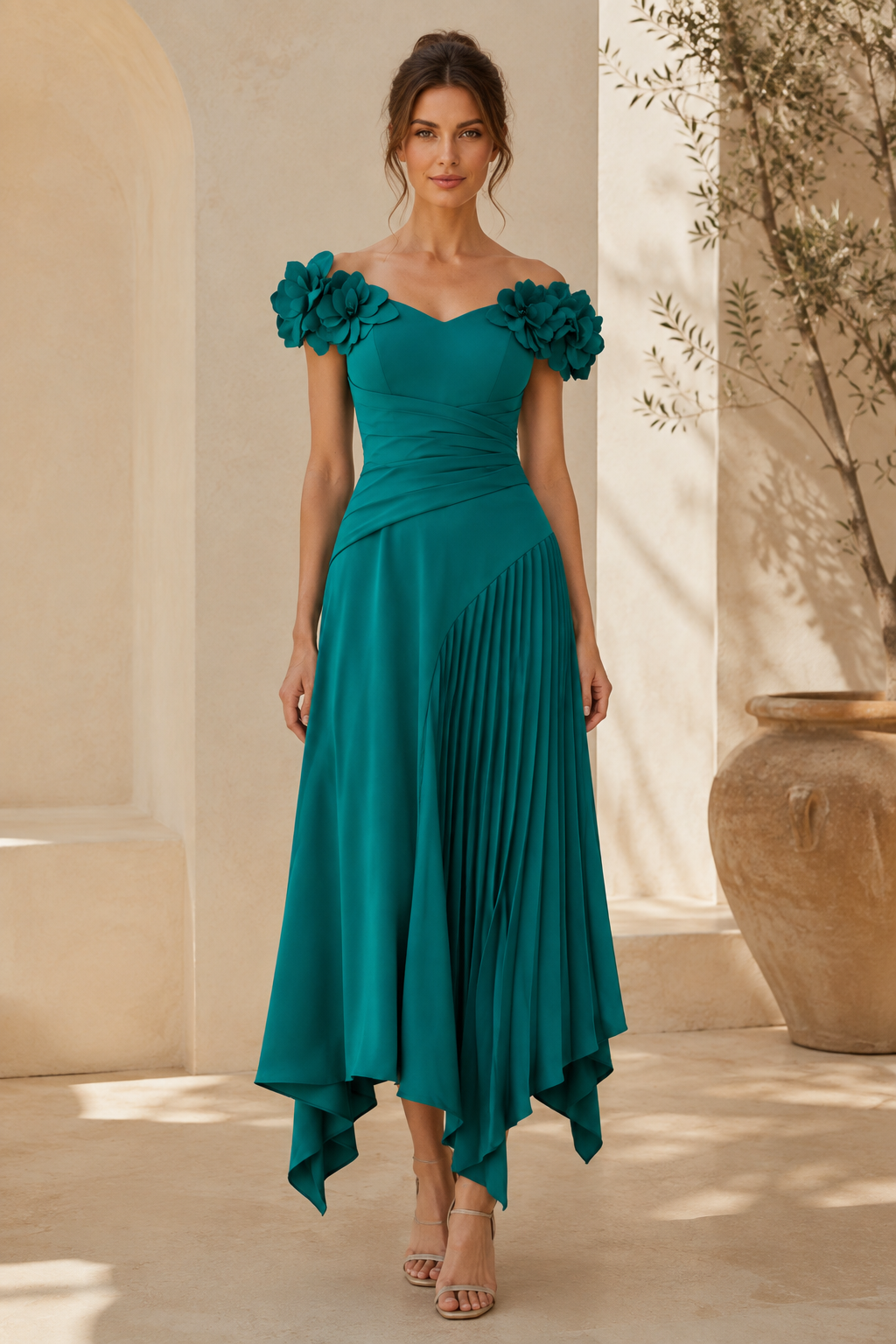 Vestido midi asimétrico plisado floral con hombros descubiertos