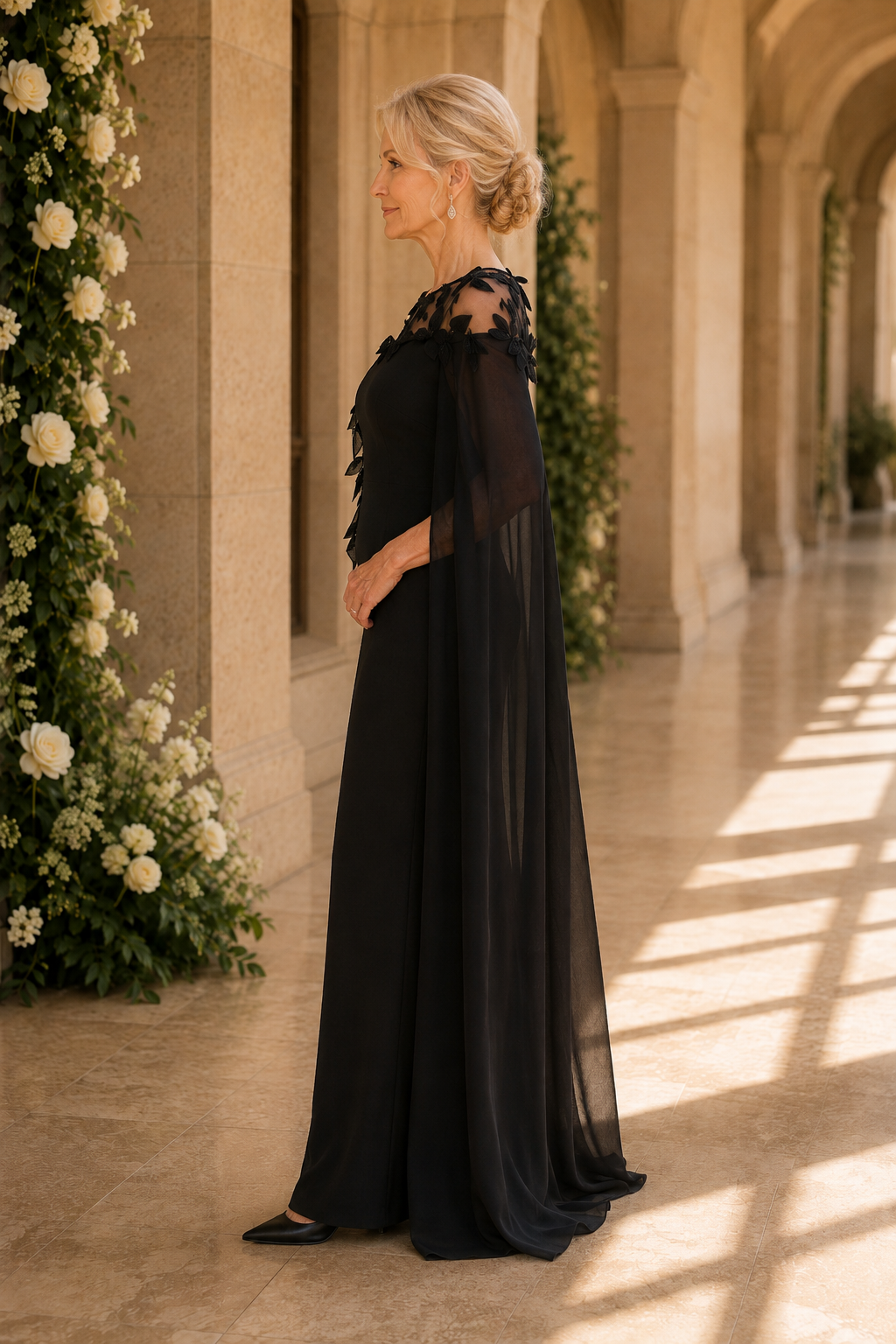 Vestido de noche con capa y escote ilusión