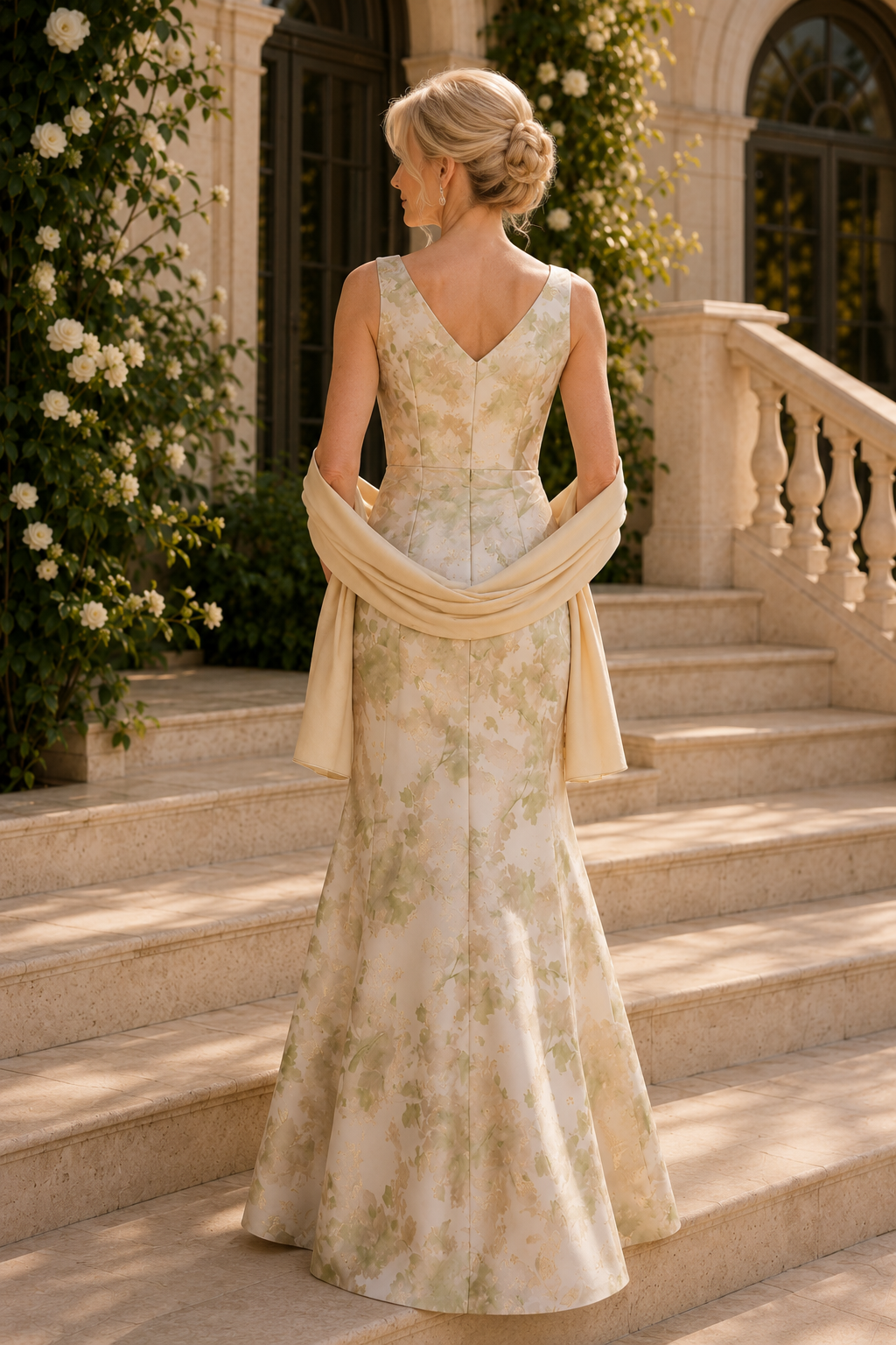 Vestido de gala formal sin mangas de jacquard con estampado floral