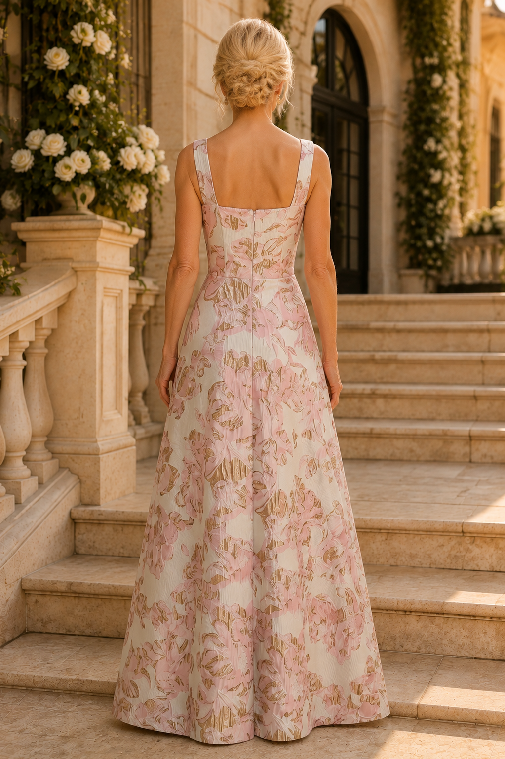Vestido de noche asimétrico con drapeado y jacquard floral