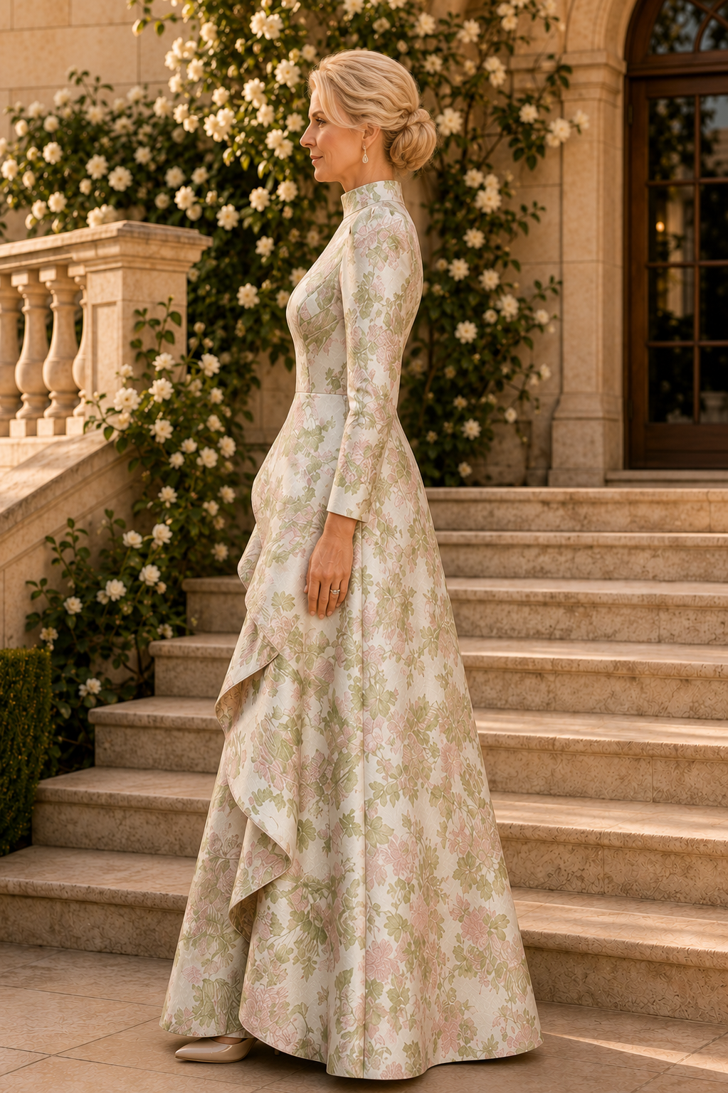 Vestido de noche de jacquard floral de cuello alto con volantes en cascada