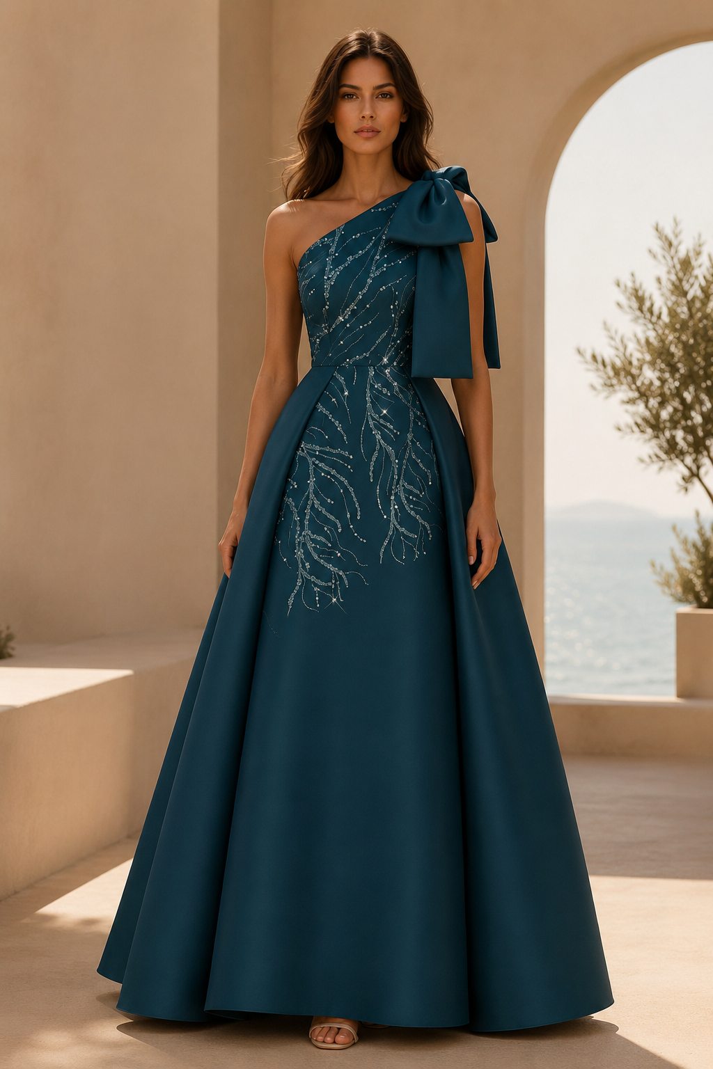 Vestido de Noche Acampanado con Lazo y Un Solo Hombro