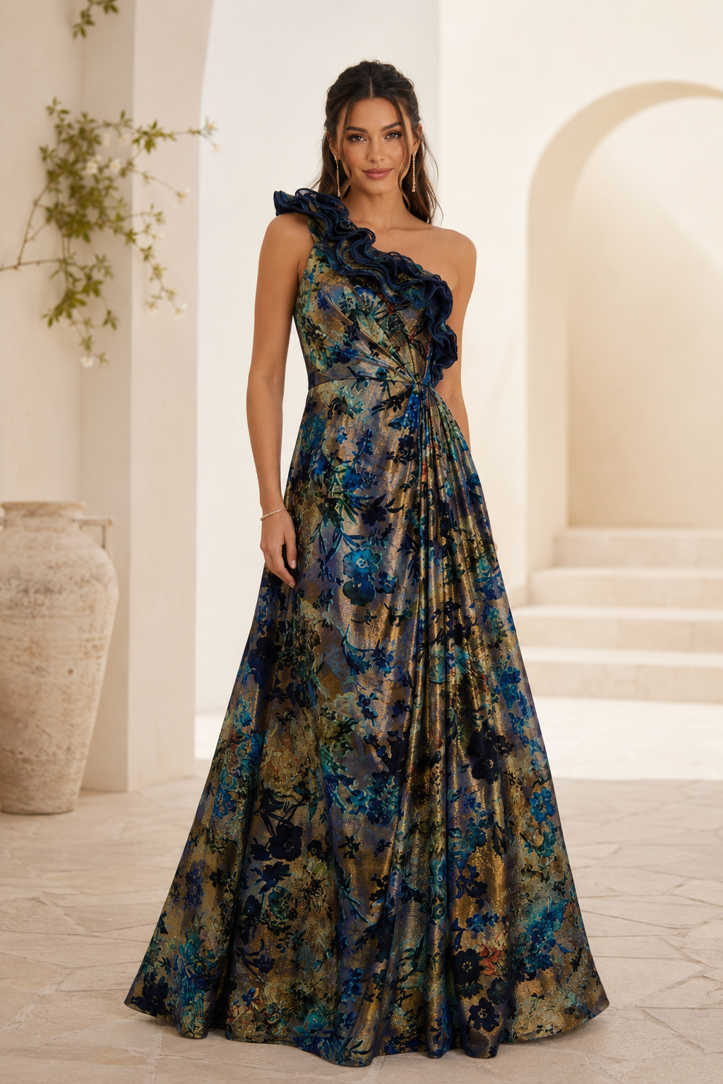 Vestido de noche de jacquard floral con un solo hombro y volantes