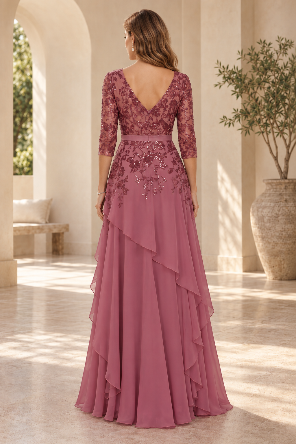 Tiered Chiffon Gown with Sequined Lace Bodice