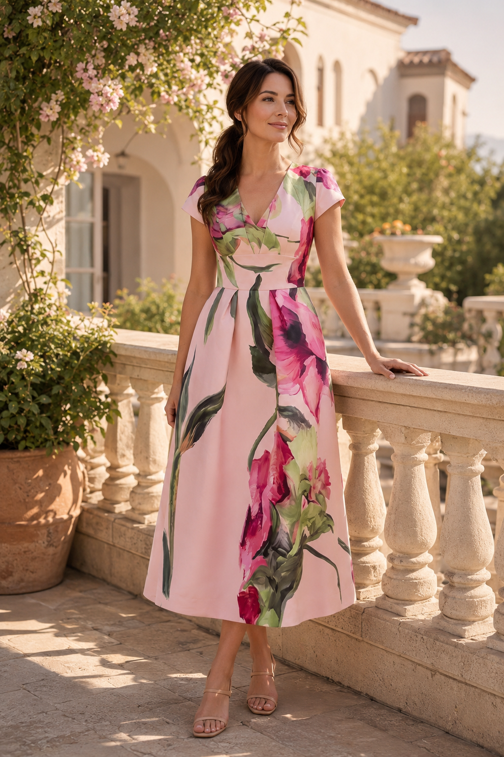 Vestido midi acampanado con estampado floral y cuello de pico