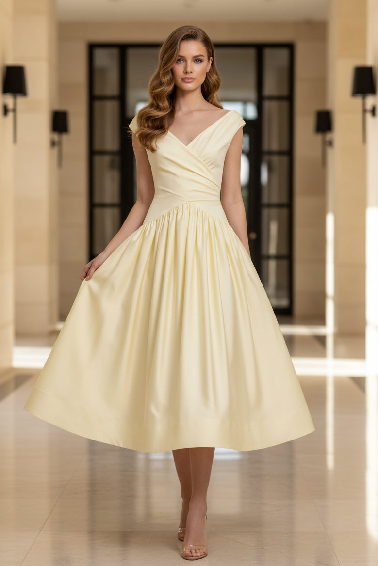 Vestido midi cruzado con escote Bardot y corte en A