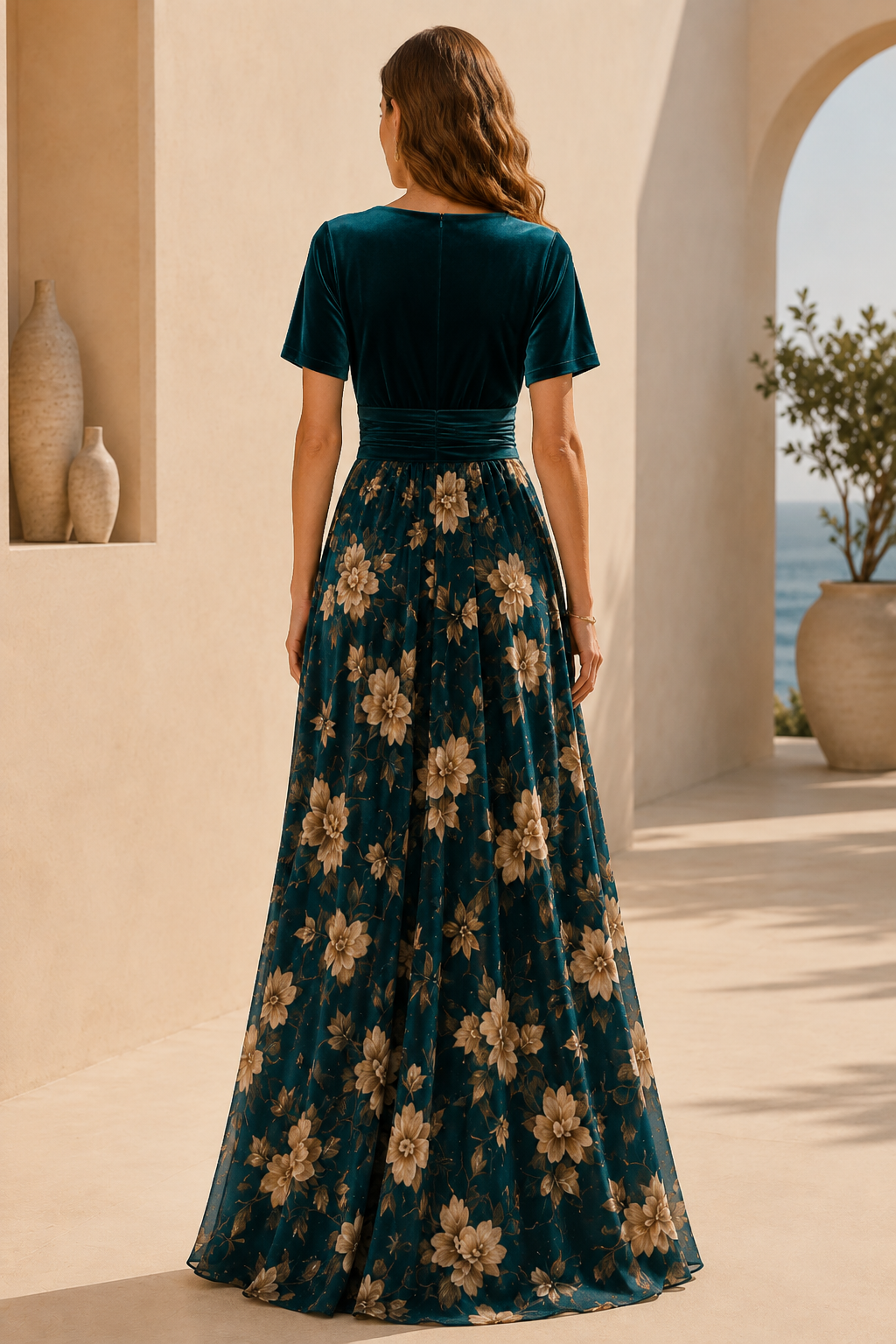 Vestido maxi de terciopelo con cuello en V floral y abertura