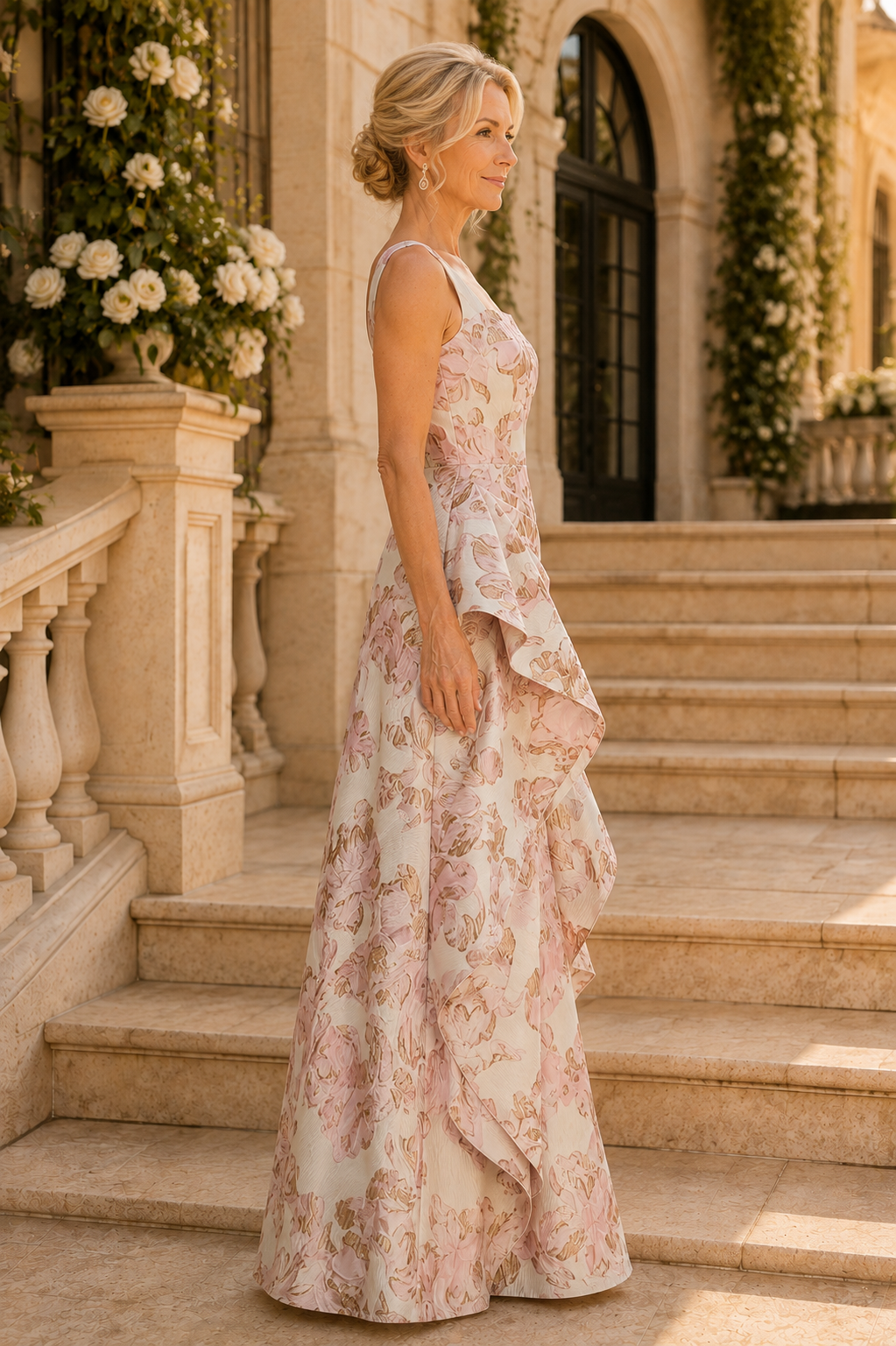 Vestido de noche asimétrico con drapeado y jacquard floral