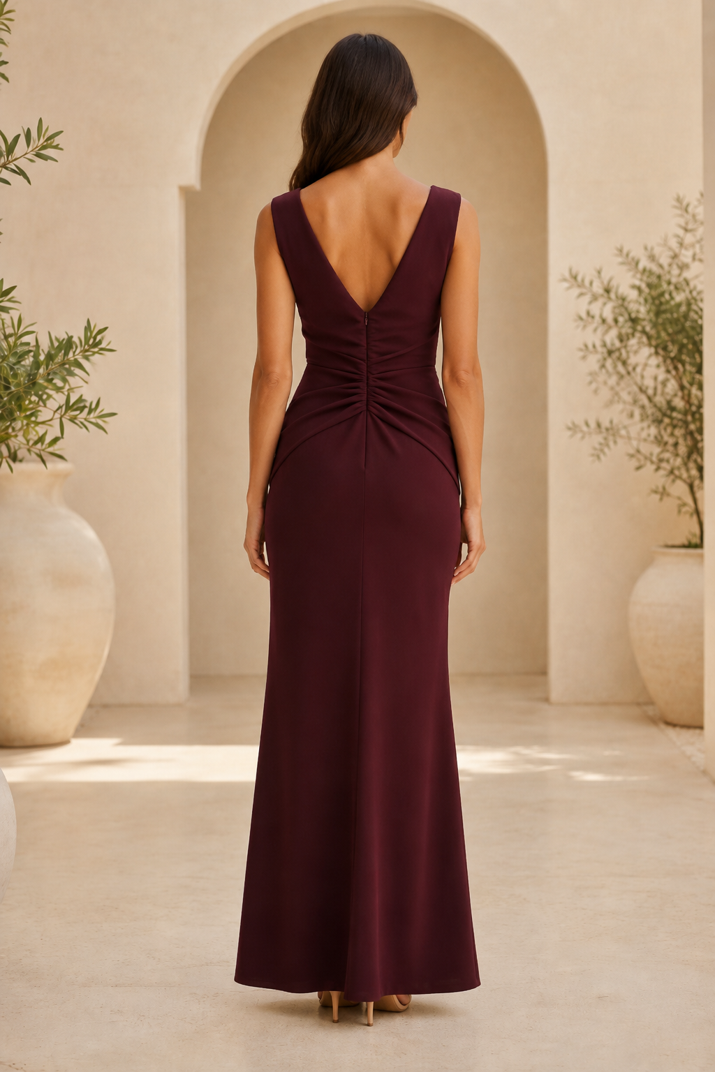 Vestido de Noche Sirena Drapeado con Cuello Redondo