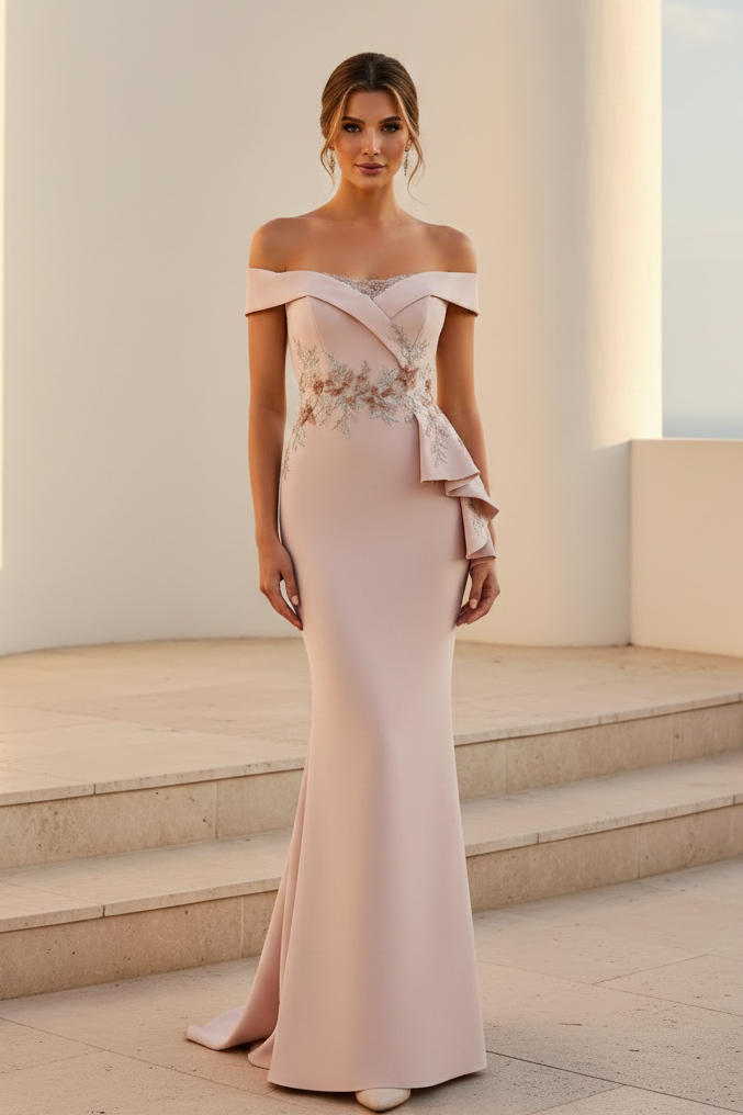 Vestido de sirena con hombros descubiertos y bordados