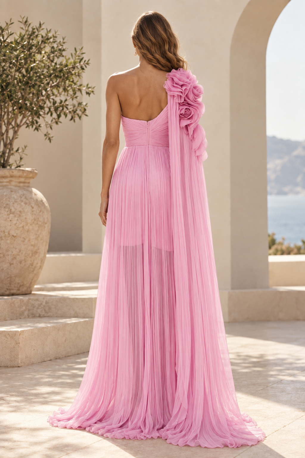 One-Shoulder Pleated Maxi Dress with Rosette Cape