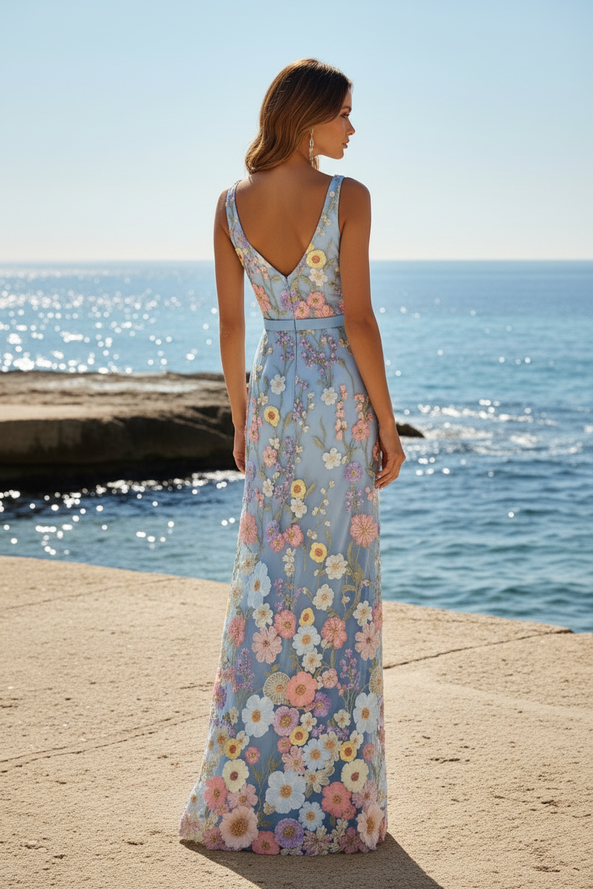 Vestido largo con escote en V y bordado floral en 3D