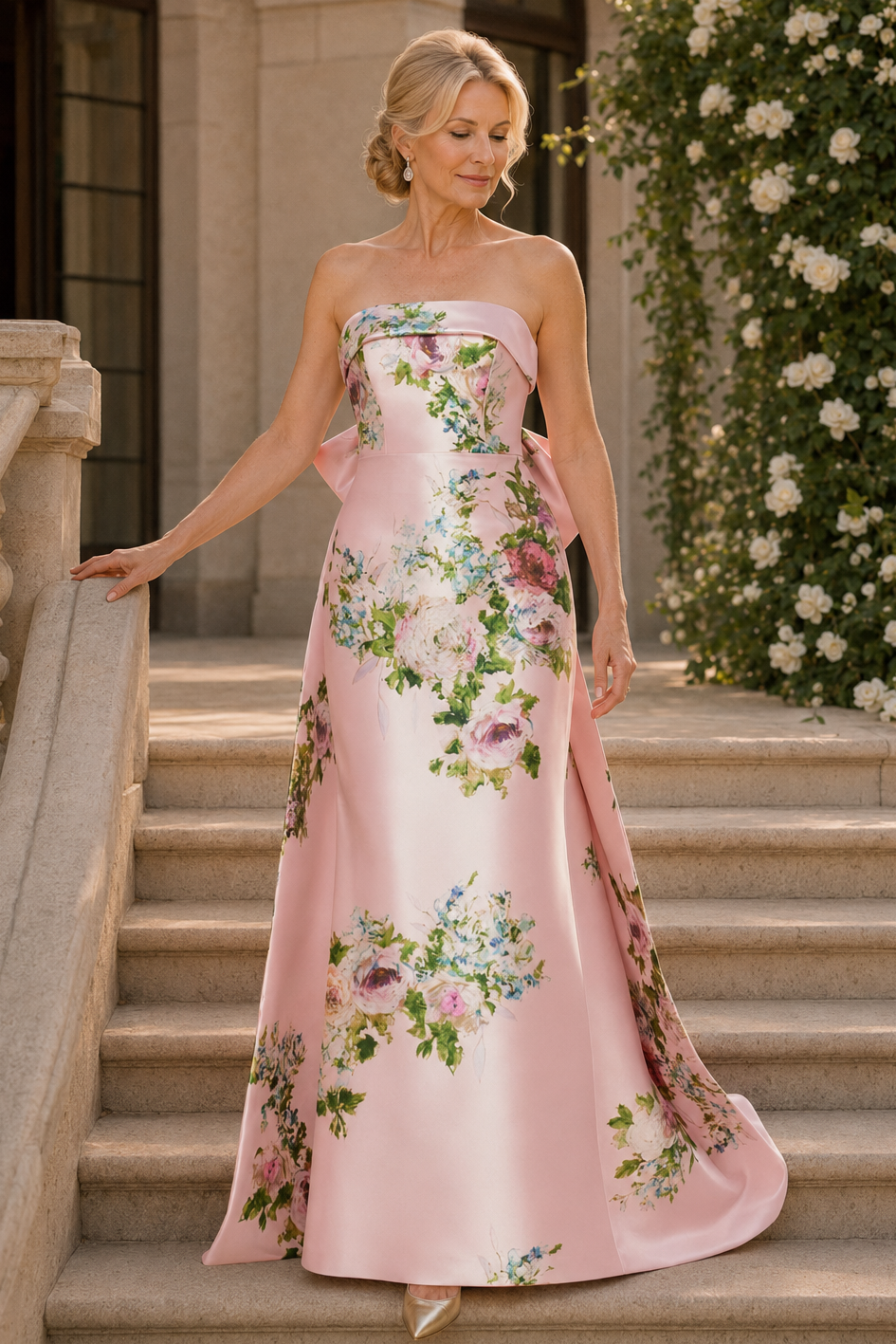 Vestido de noche de satén con estampado floral, sin tirantes, corte en A y lazo en la espalda