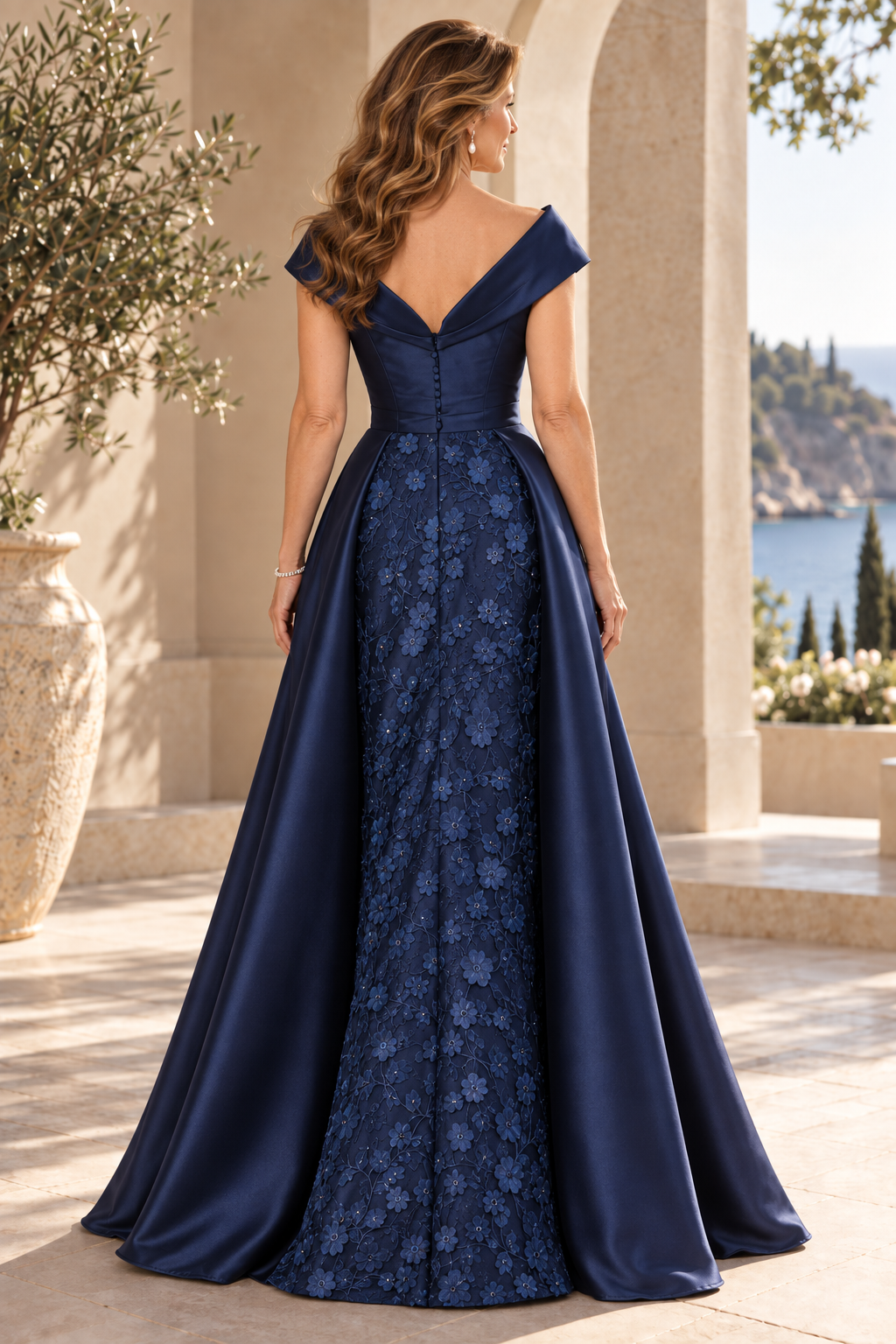 Off-Shoulder Lace Evening Gown with Overskirt