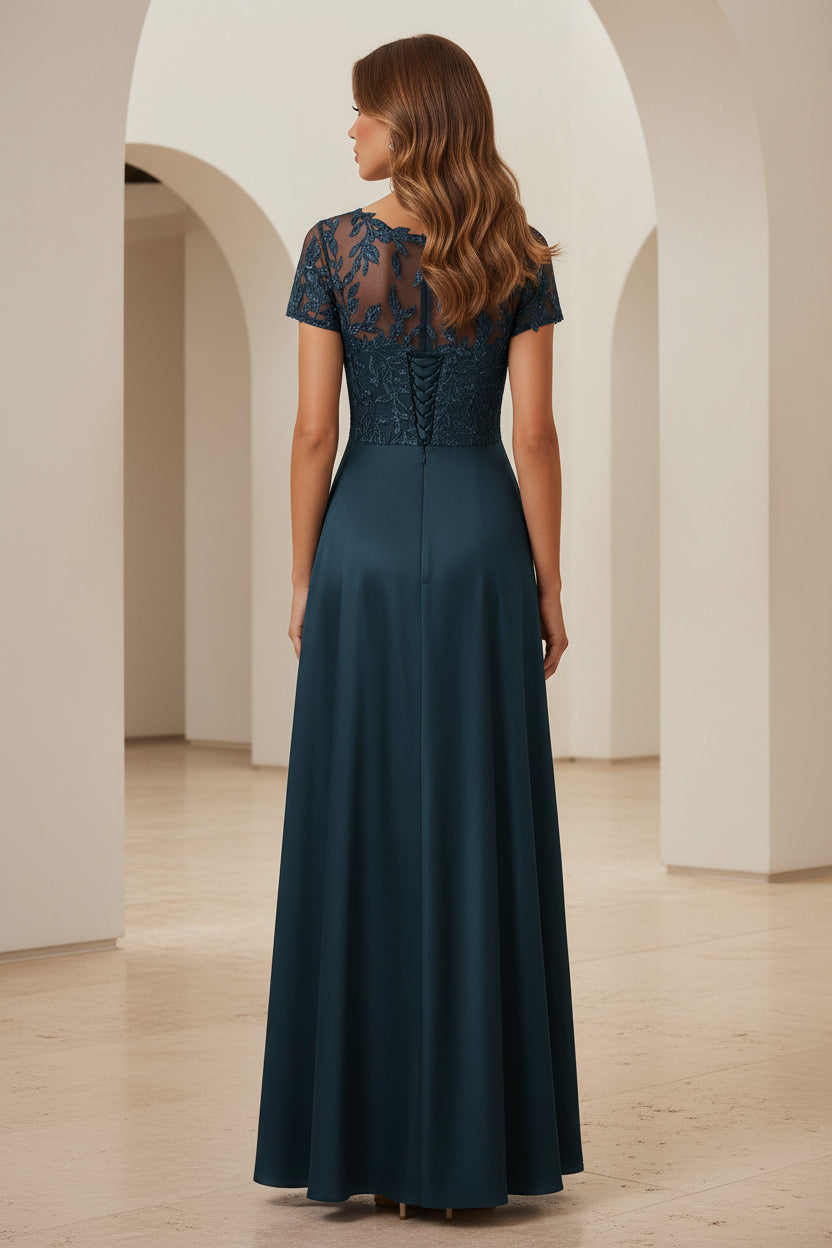 Vestido de Noche Formal de Satén Línea A Largo hasta el Suelo con Aplicaciones de Encaje